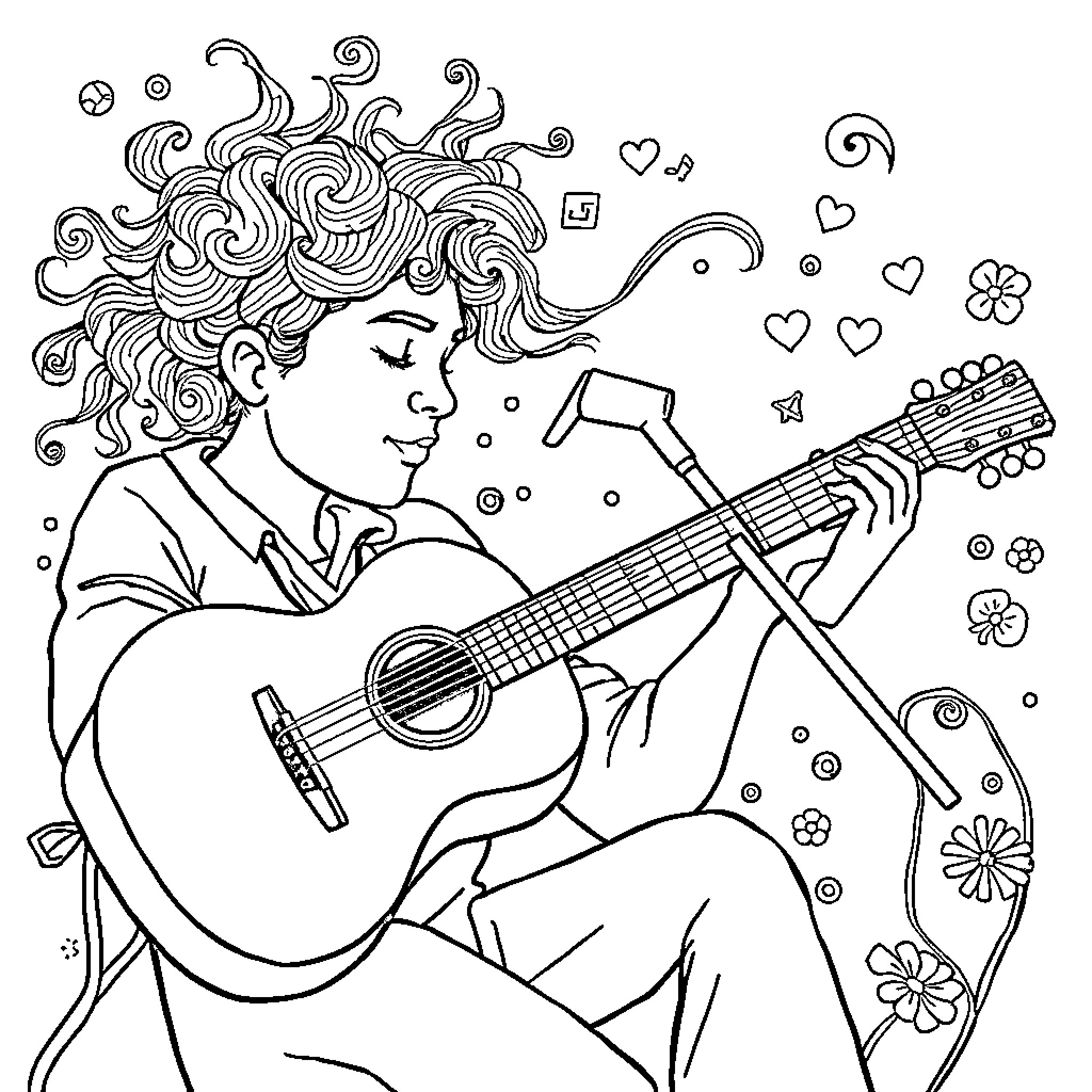 Music Lover Playing Guitar with Whimsical Doodles Coloring Page (free black-and-white line drawing printable PDF for all, from beginners to advanced learners, including children, teens, adults, and seniors)