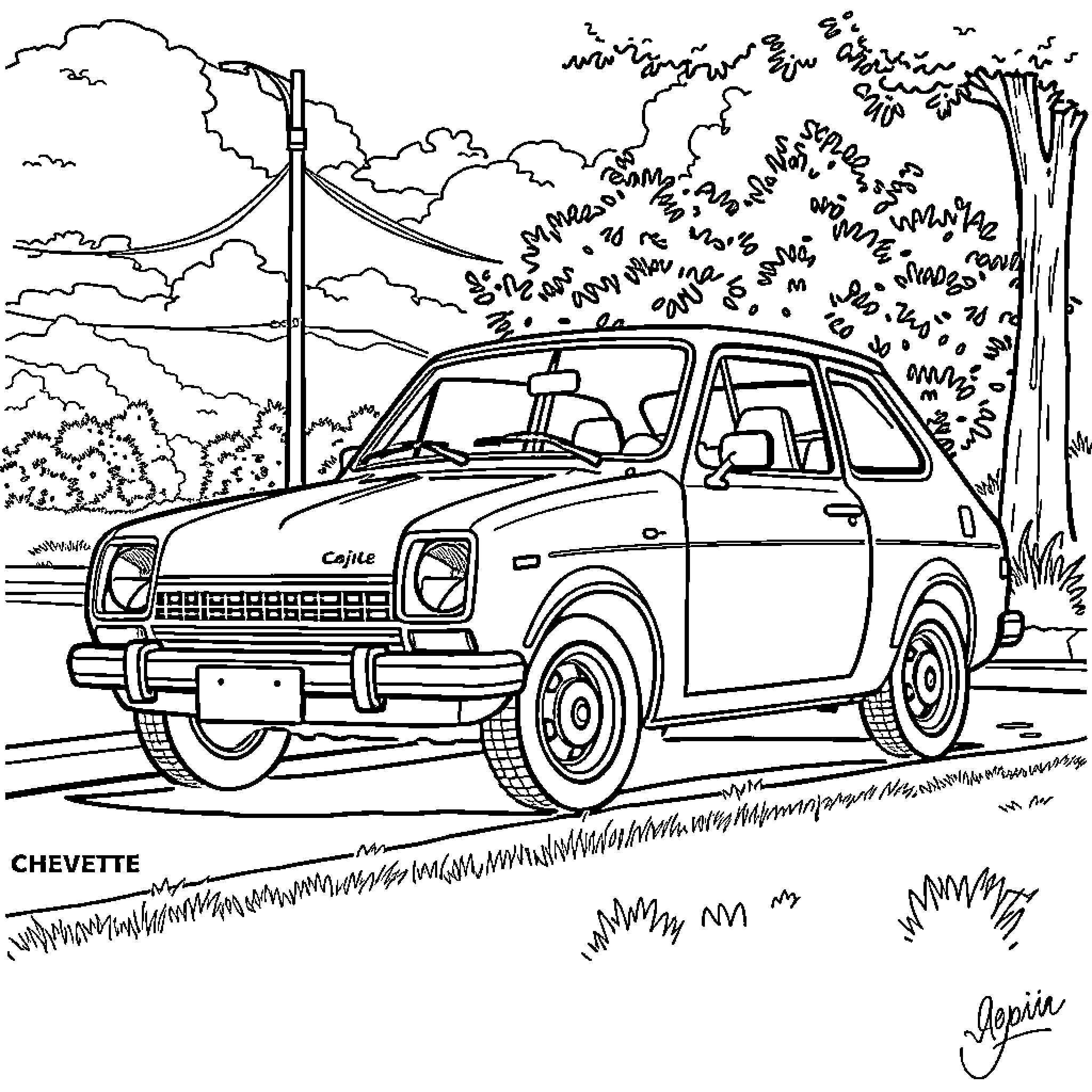 Chevette parked in scenic landscape Coloring Page (free black-and-white line drawing printable PDF for all, from beginners to advanced learners, including children, teens, adults, and seniors)