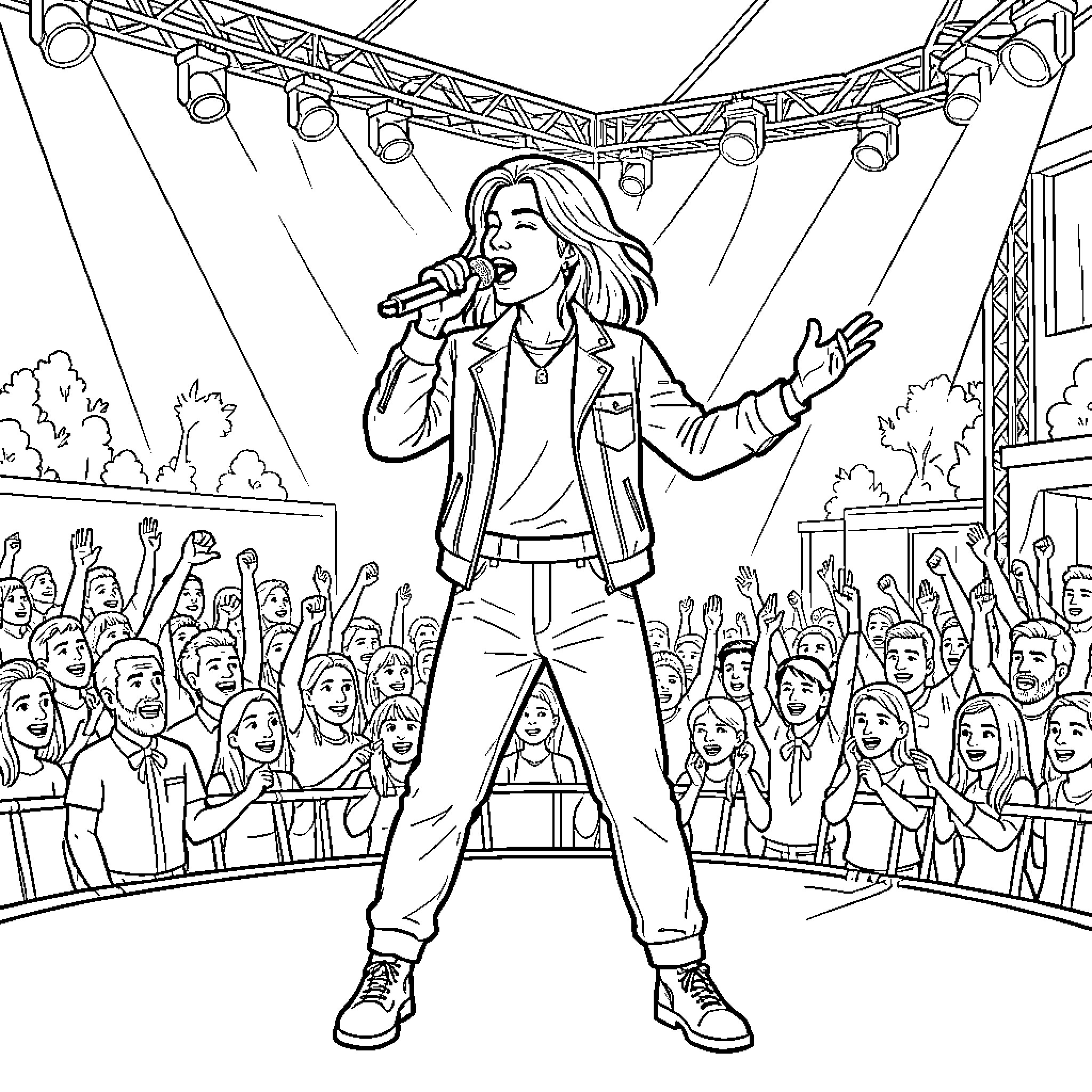 Gazan singer performing enthusiastically for a cheering crowd Coloring Page (free black-and-white line drawing printable PDF for all, from beginners to advanced learners, including children, teens, adults, and seniors)