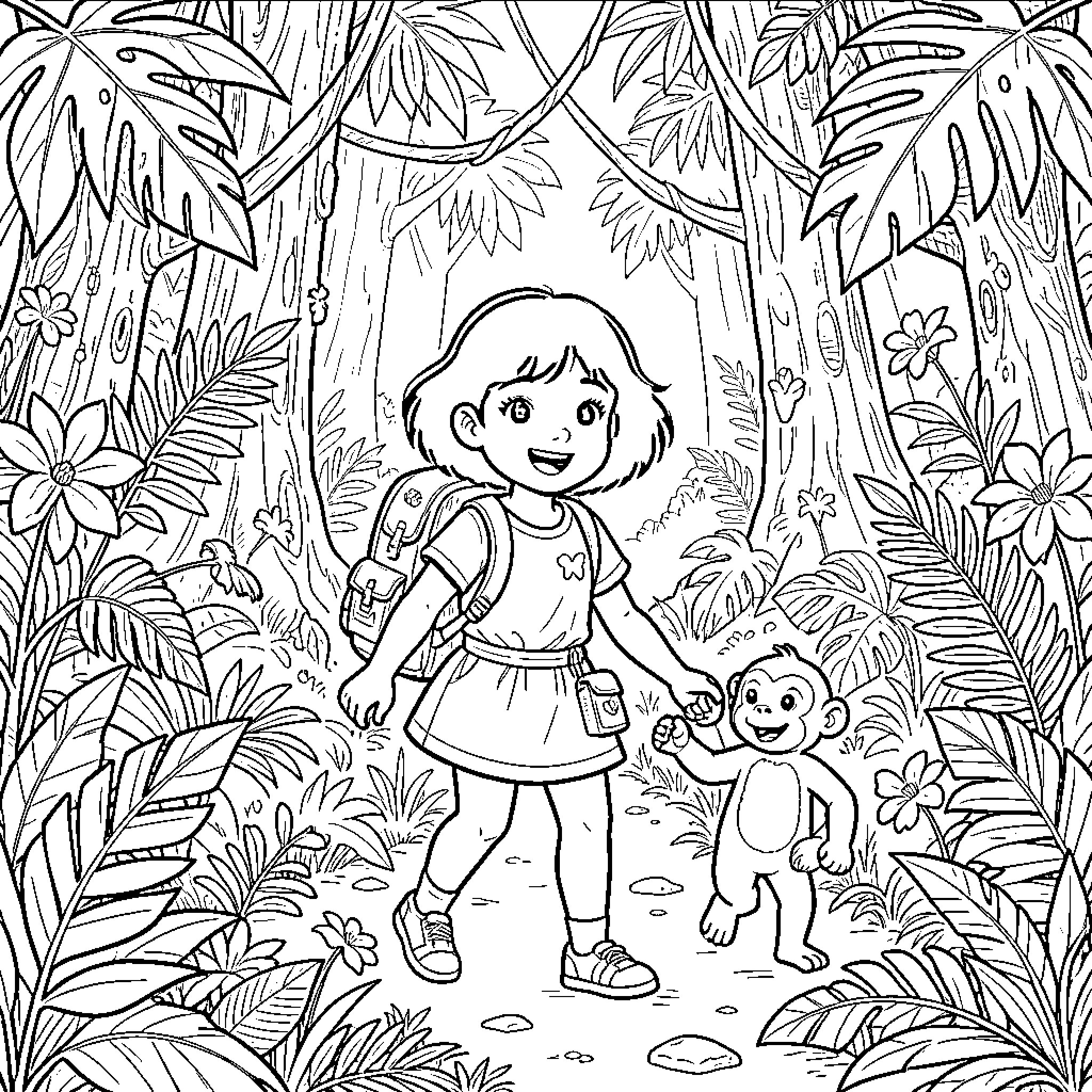 Dora walking through a lush jungle with a monkey Coloring Page (free black-and-white line drawing printable PDF for all, from beginners to advanced learners, including children, teens, adults, and seniors)