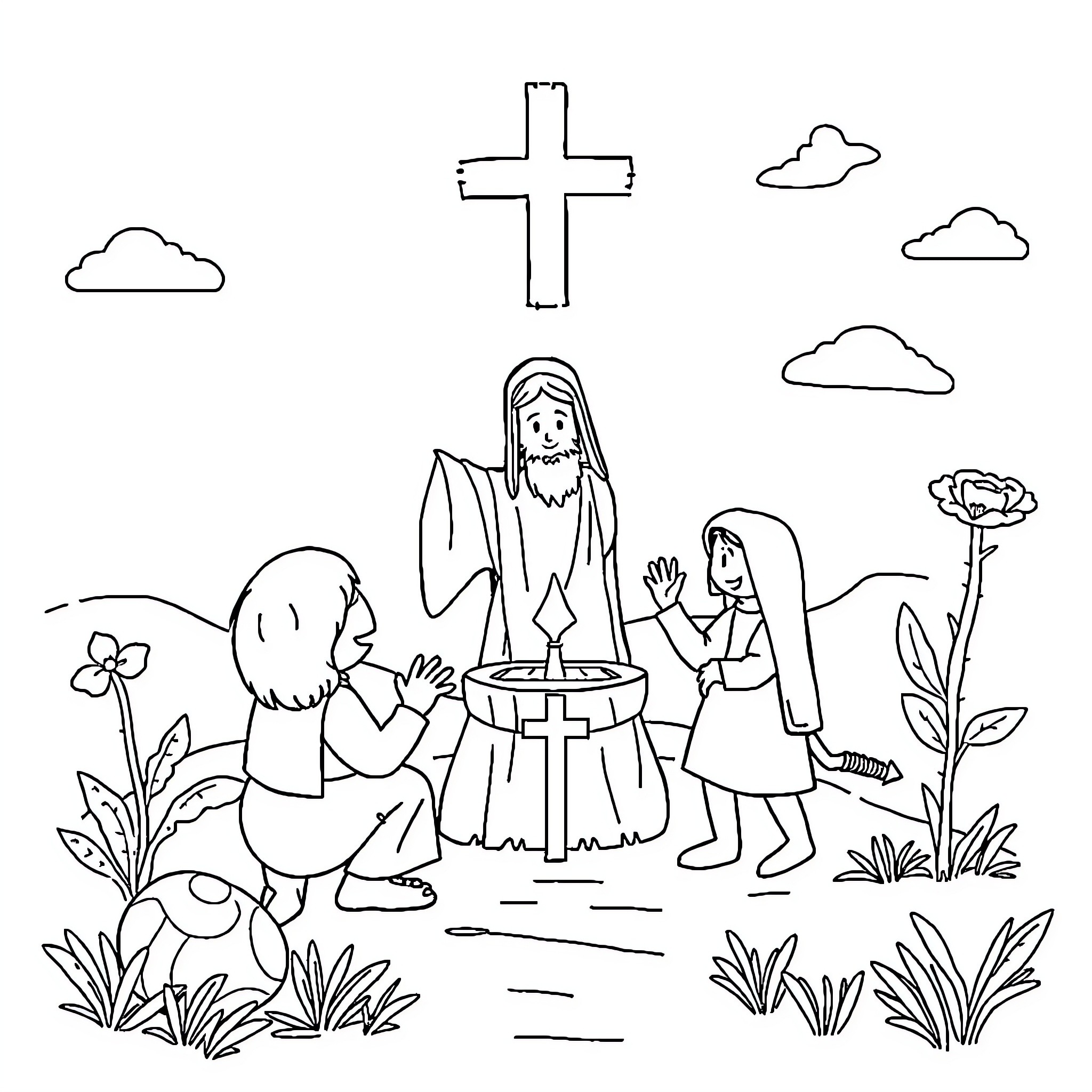 Christian scene of religious figures in a natural setting Coloring Page (free black-and-white line drawing printable PDF for all, from beginners to advanced learners, including children, teens, adults, and seniors)