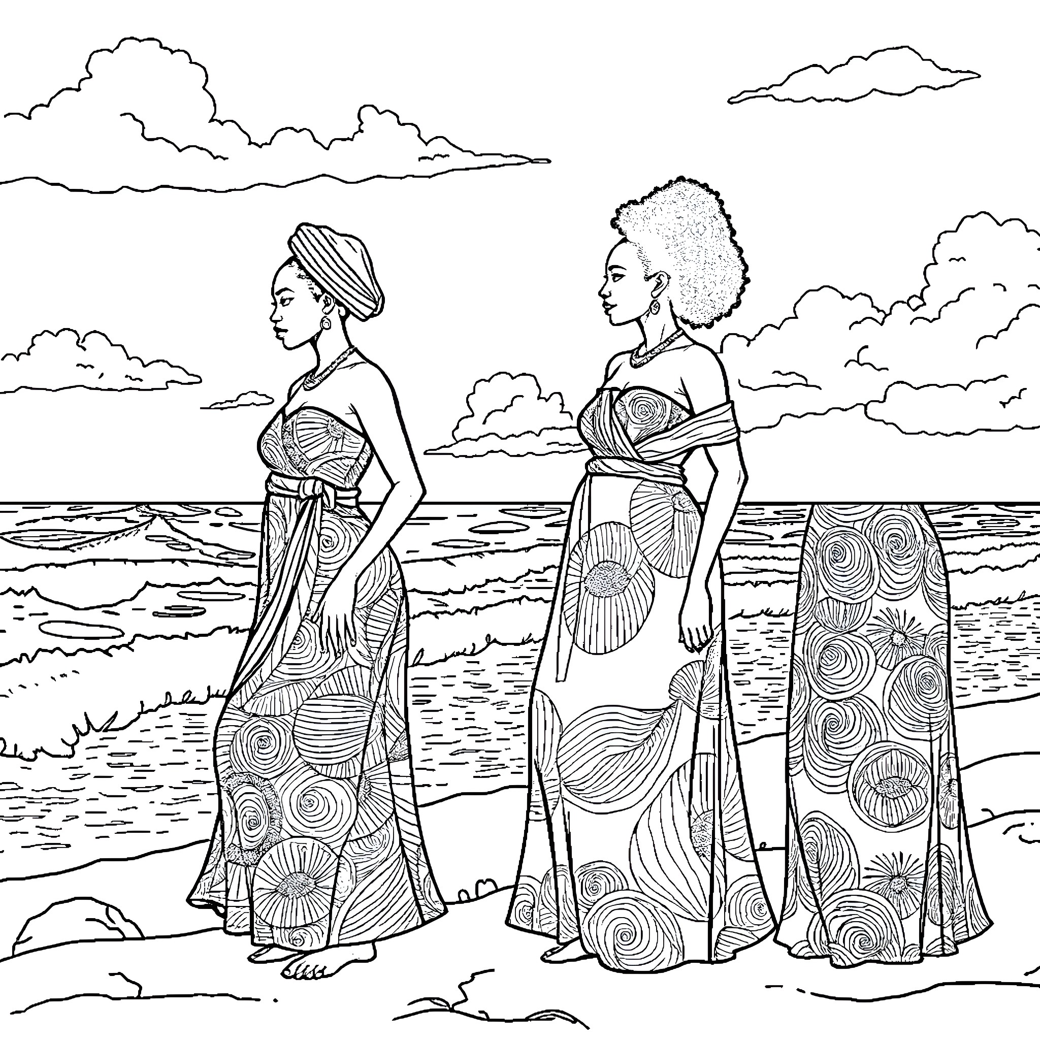 Women in traditional dress by the ocean Coloring Page (free black-and-white line drawing printable PDF for all, from beginners to advanced learners, including children, teens, adults, and seniors)