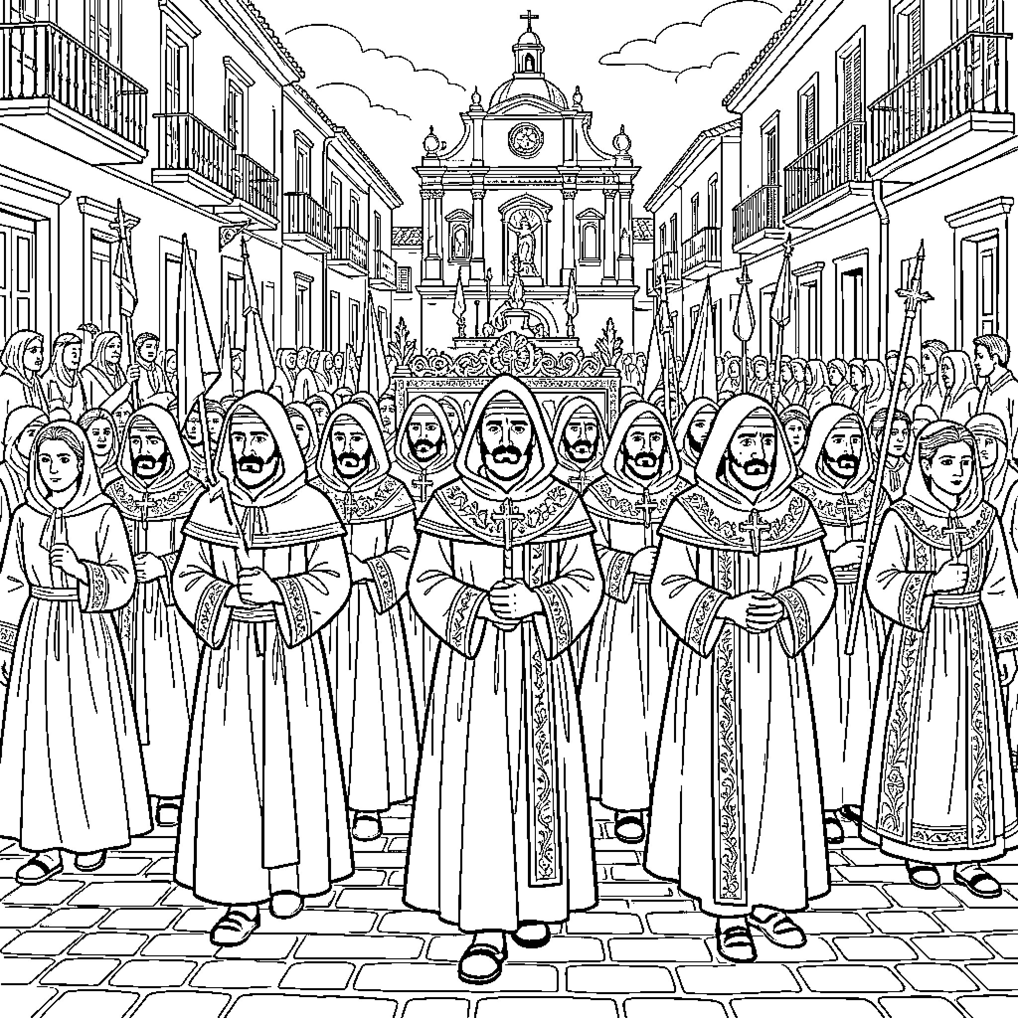 Nazarenos in Solemn Religious Procession Coloring Page (free black-and-white line drawing printable PDF for all, from beginners to advanced learners, including children, teens, adults, and seniors)