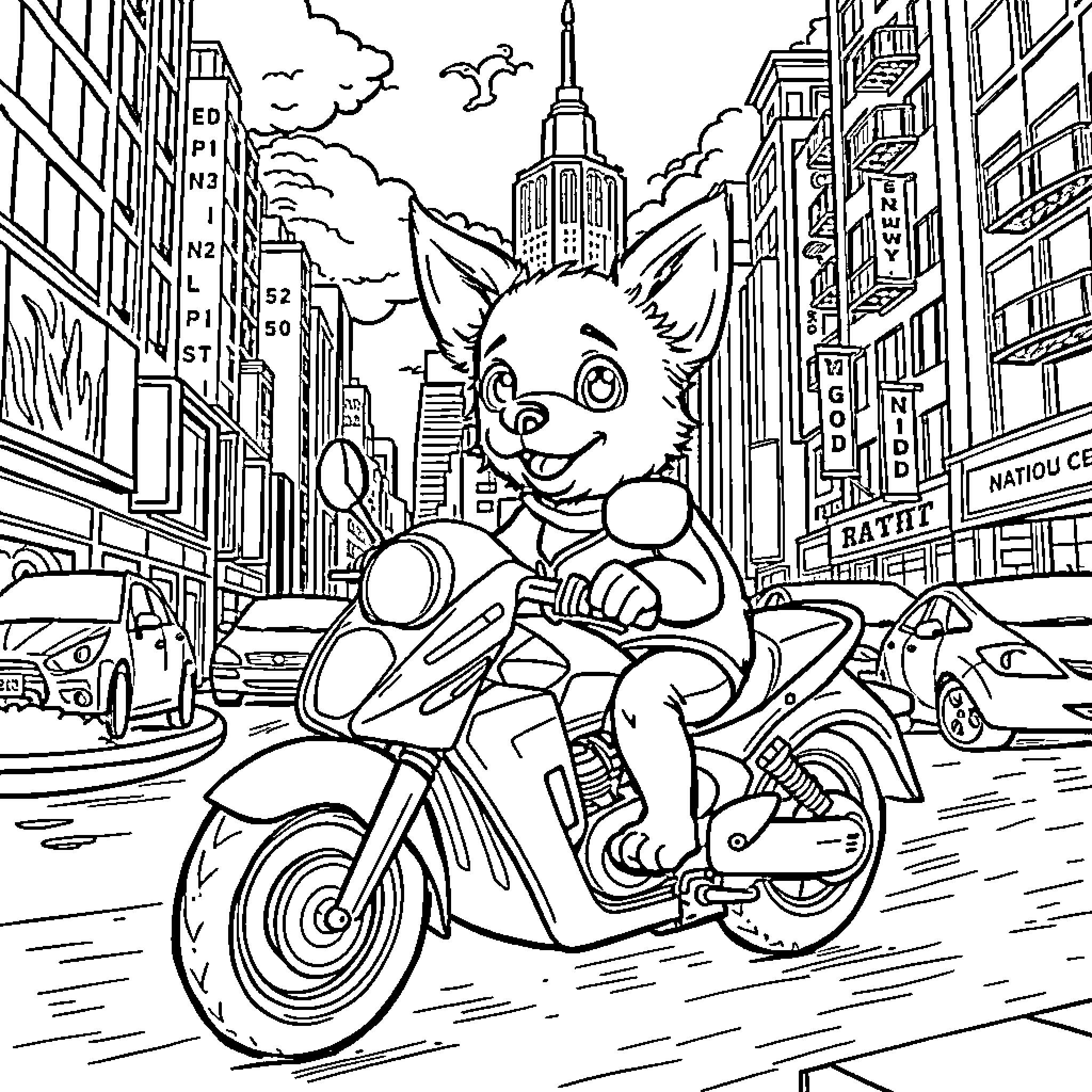 Dog riding motorcycle in busy city street Coloring Page (free black-and-white line drawing printable PDF for all, from beginners to advanced learners, including children, teens, adults, and seniors)