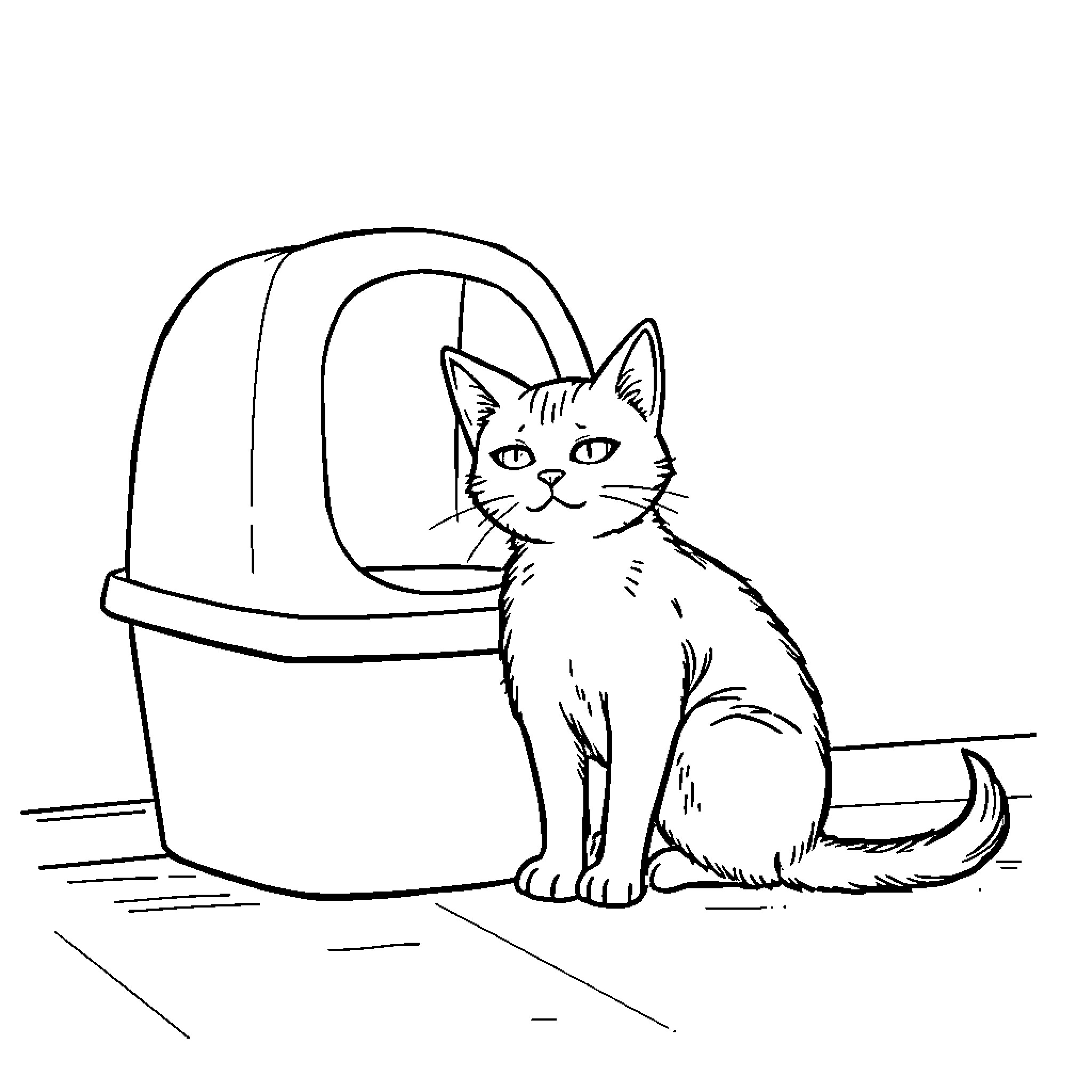 Cat exploring playful carrier Coloring Page (free black-and-white line drawing printable PDF for all, from beginners to advanced learners, including children, teens, adults, and seniors)