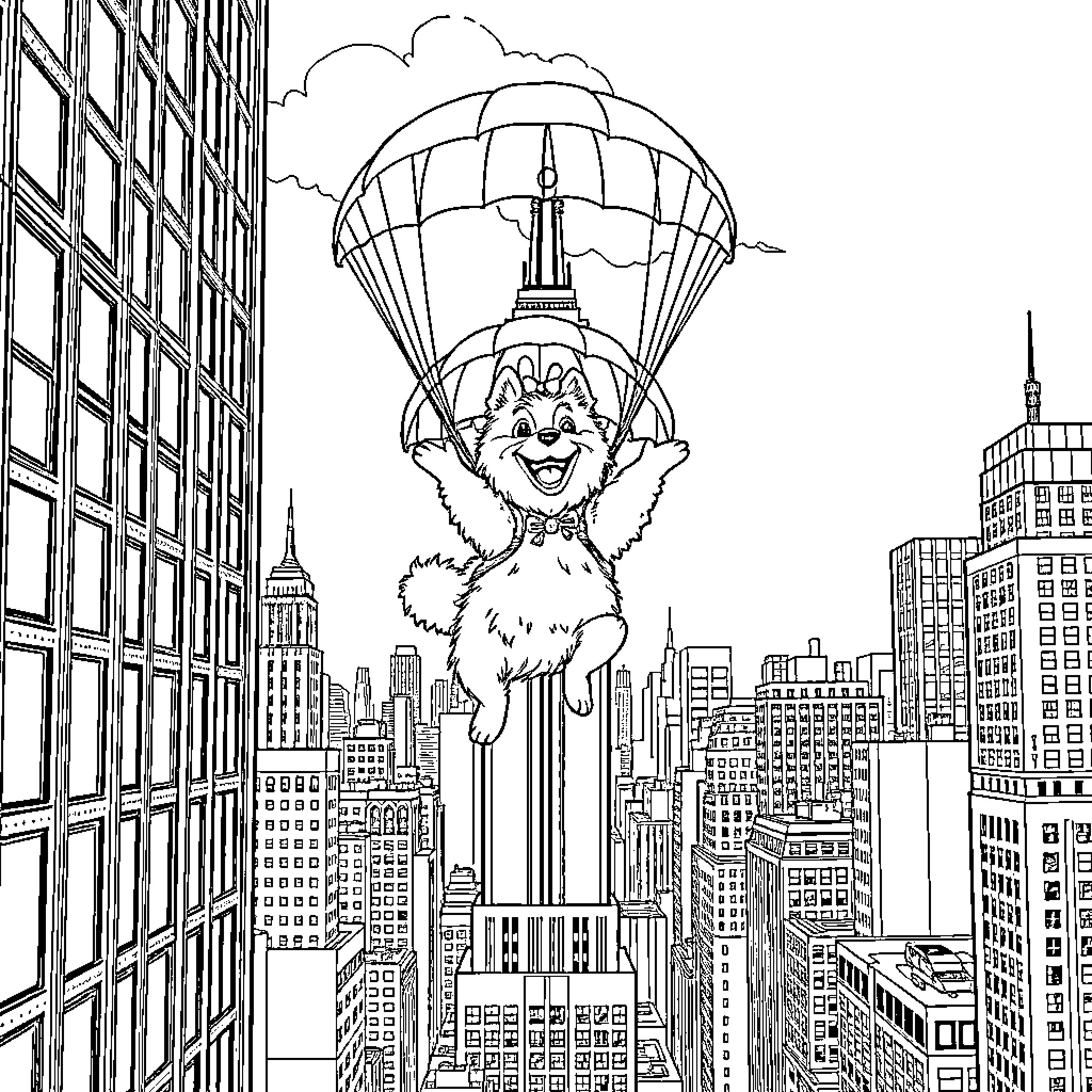 Dog parachuting through the city skyline Coloring Page (free black-and-white line drawing printable PDF for all, from beginners to advanced learners, including children, teens, adults, and seniors)