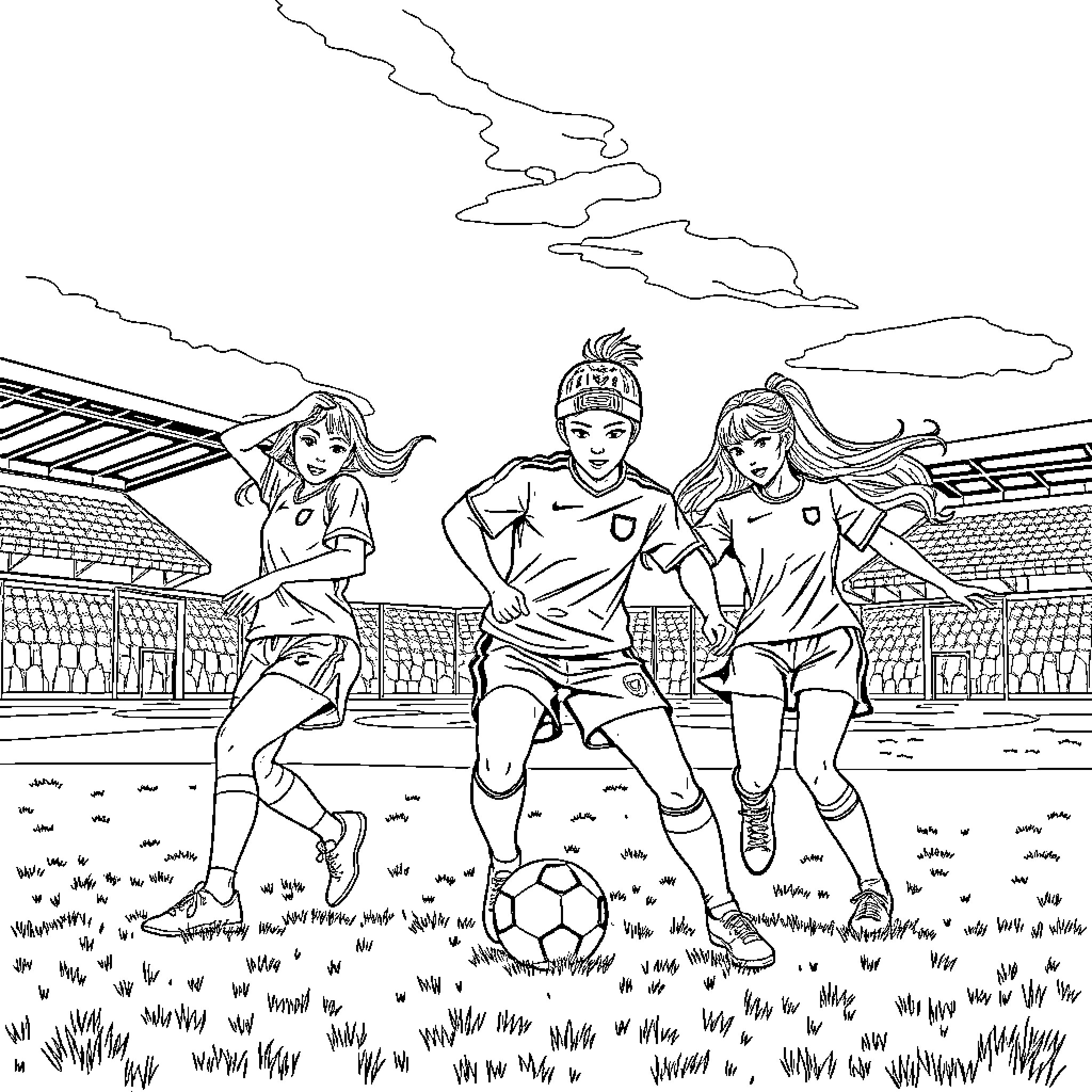 Kpop Warriors Playing Soccer on the Field Coloring Page (free black-and-white line drawing printable PDF for all, from beginners to advanced learners, including children, teens, adults, and seniors)