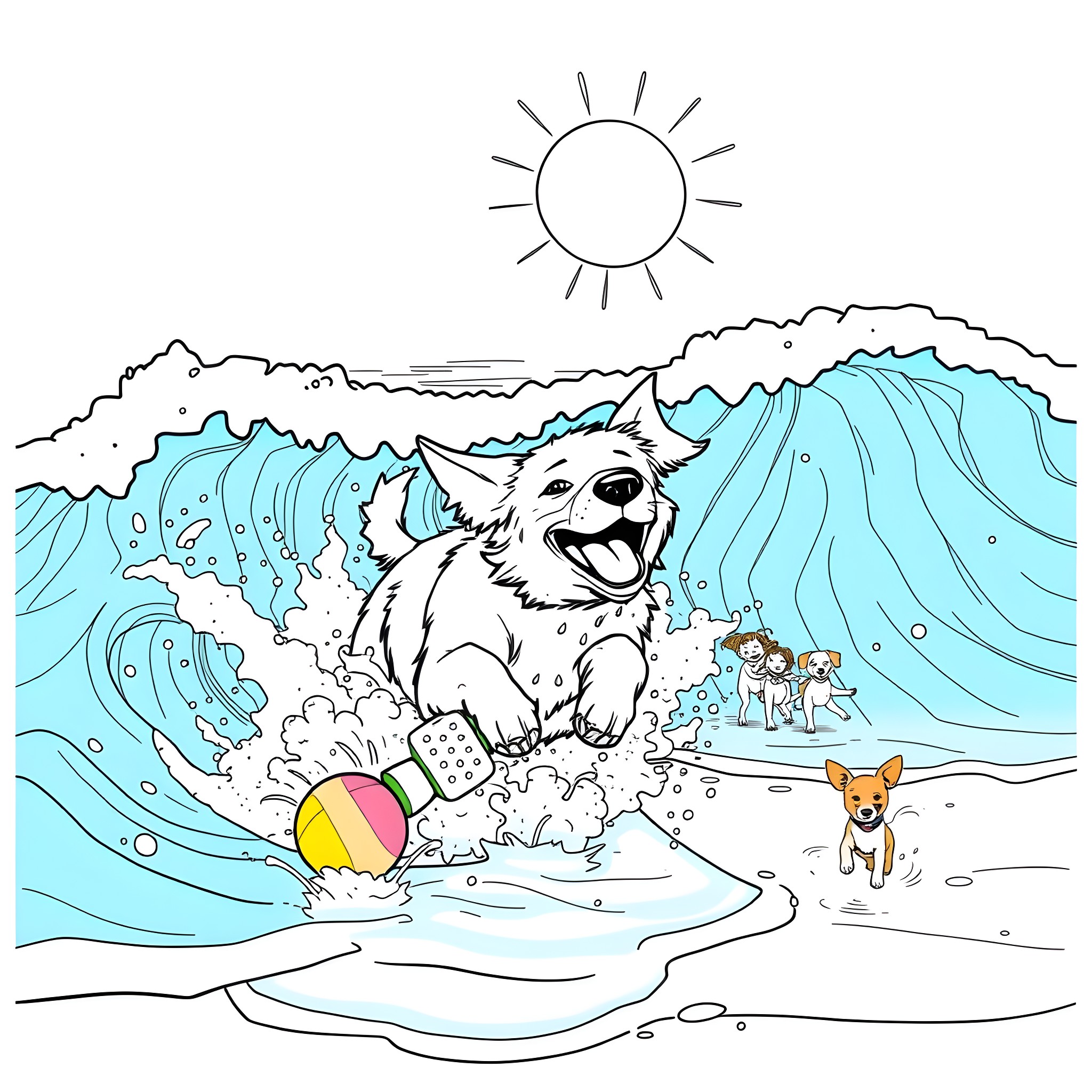 Dog playing joyfully in the ocean waves Coloring Page (free black-and-white line drawing printable PDF for all, from beginners to advanced learners, including children, teens, adults, and seniors)