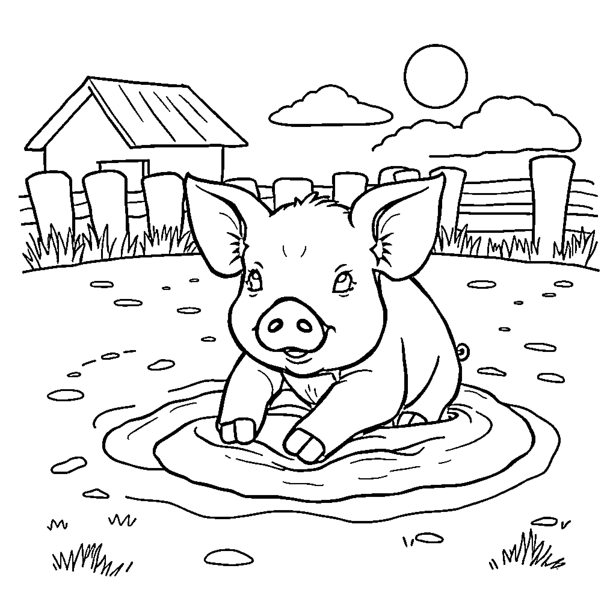 Piglet playing happily in a muddy puddle Coloring Page (free black-and-white line drawing printable PDF for all, from beginners to advanced learners, including children, teens, adults, and seniors)