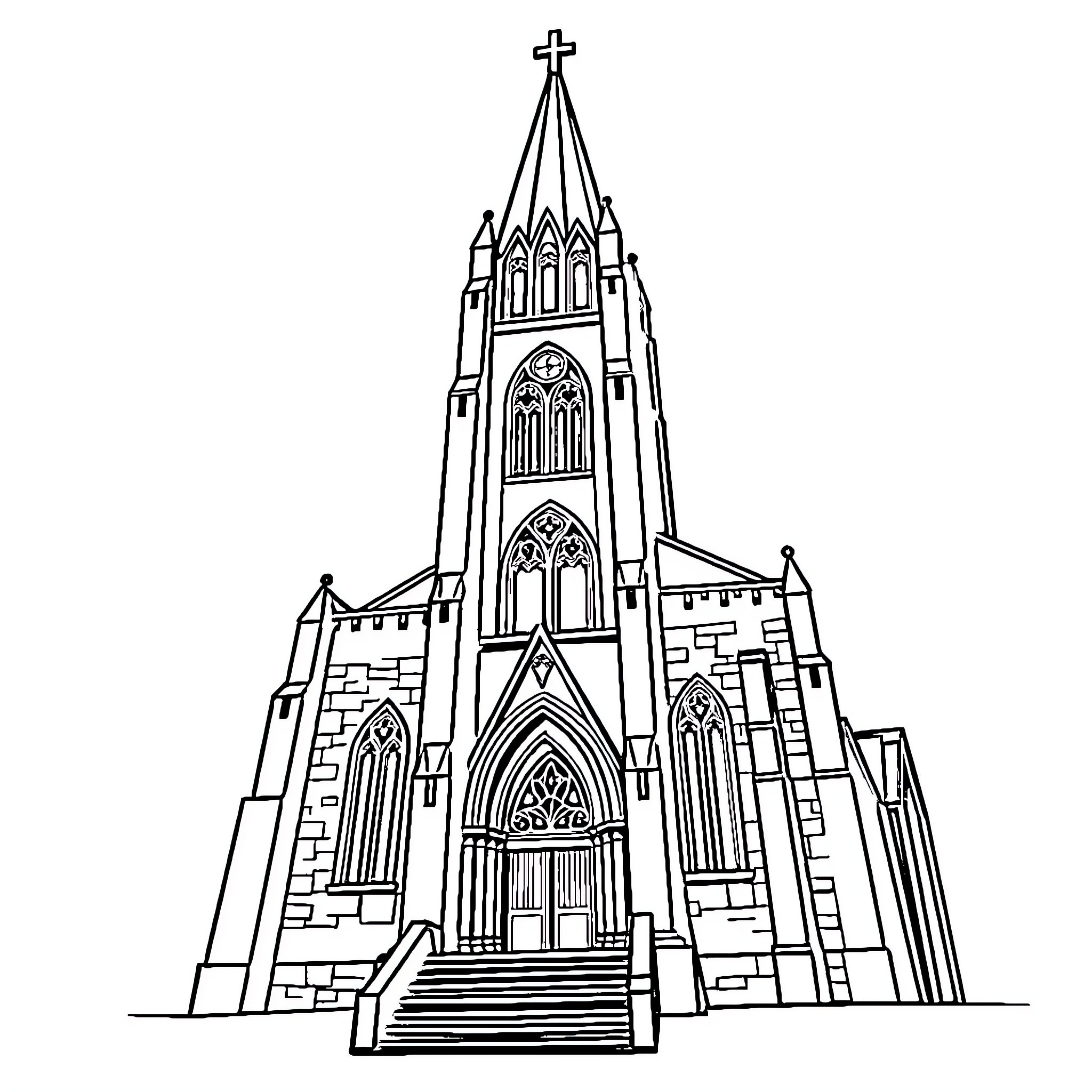 Church with Gothic architectural details Coloring Page (free black-and-white line drawing printable PDF for all, from beginners to advanced learners, including children, teens, adults, and seniors)