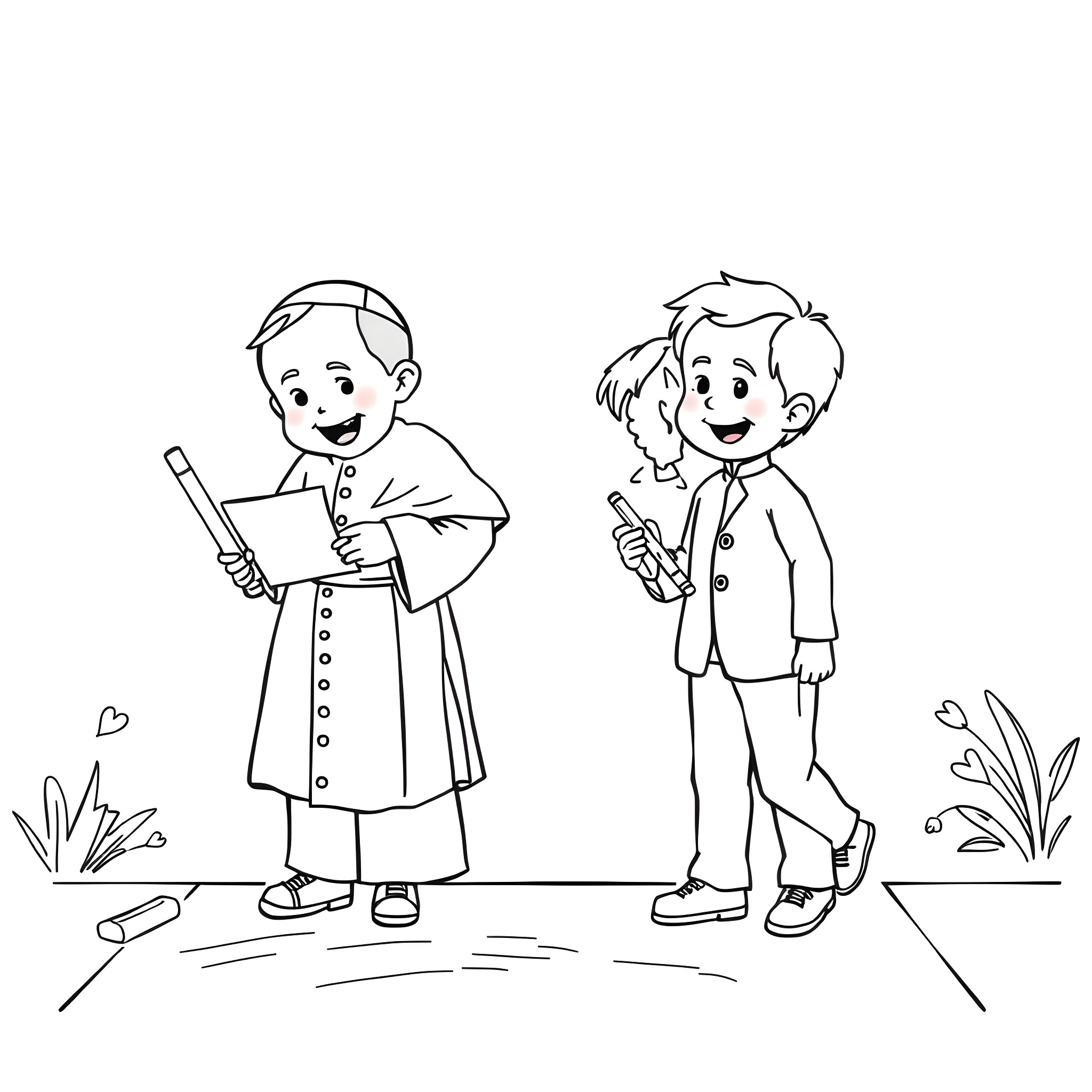 Pope Interacting with Children in a Playful Manner Coloring Page (free black-and-white line drawing printable PDF for all, from beginners to advanced learners, including children, teens, adults, and seniors)