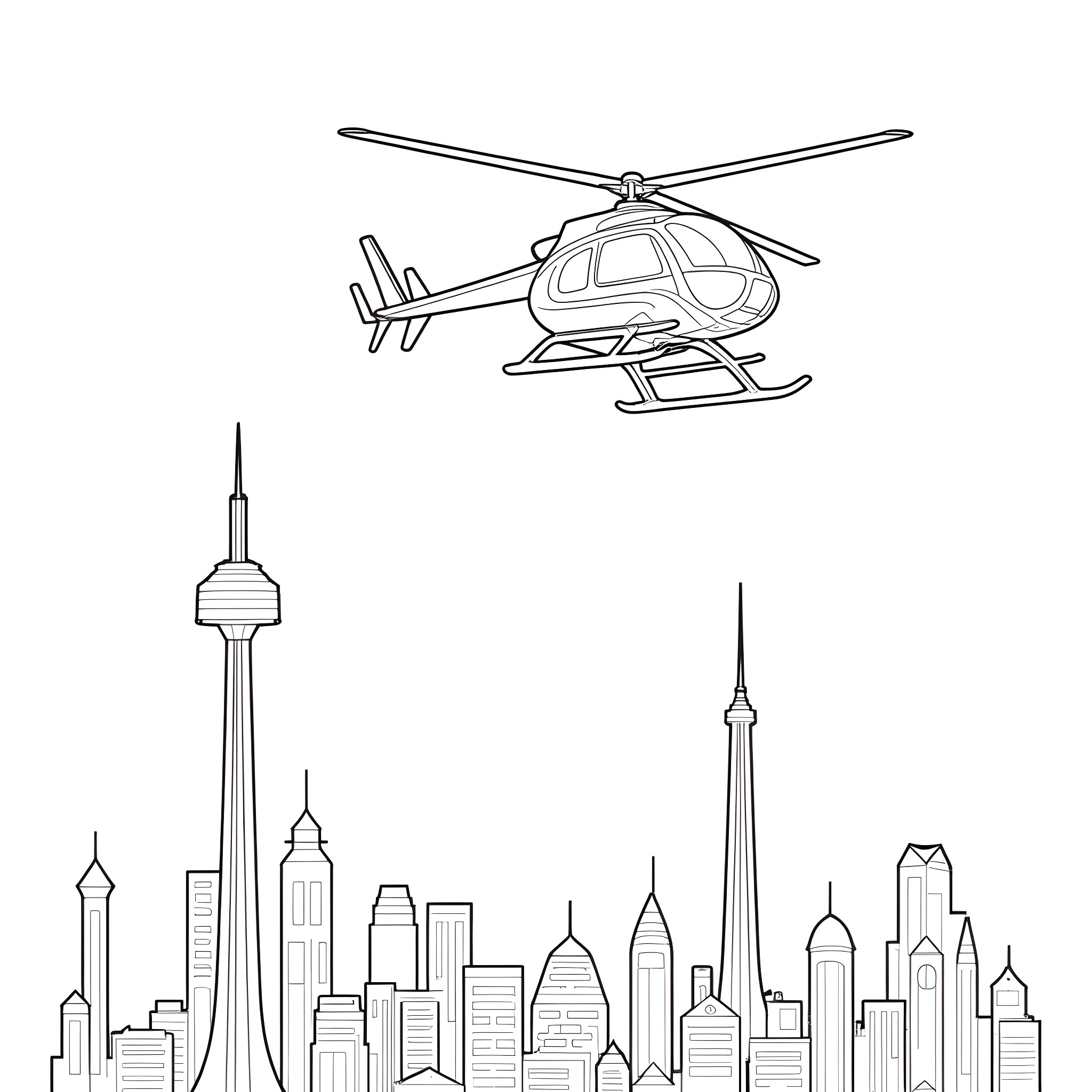 Helicopter flying over cityscape Coloring Page (free black-and-white line drawing printable PDF for all, from beginners to advanced learners, including children, teens, adults, and seniors)