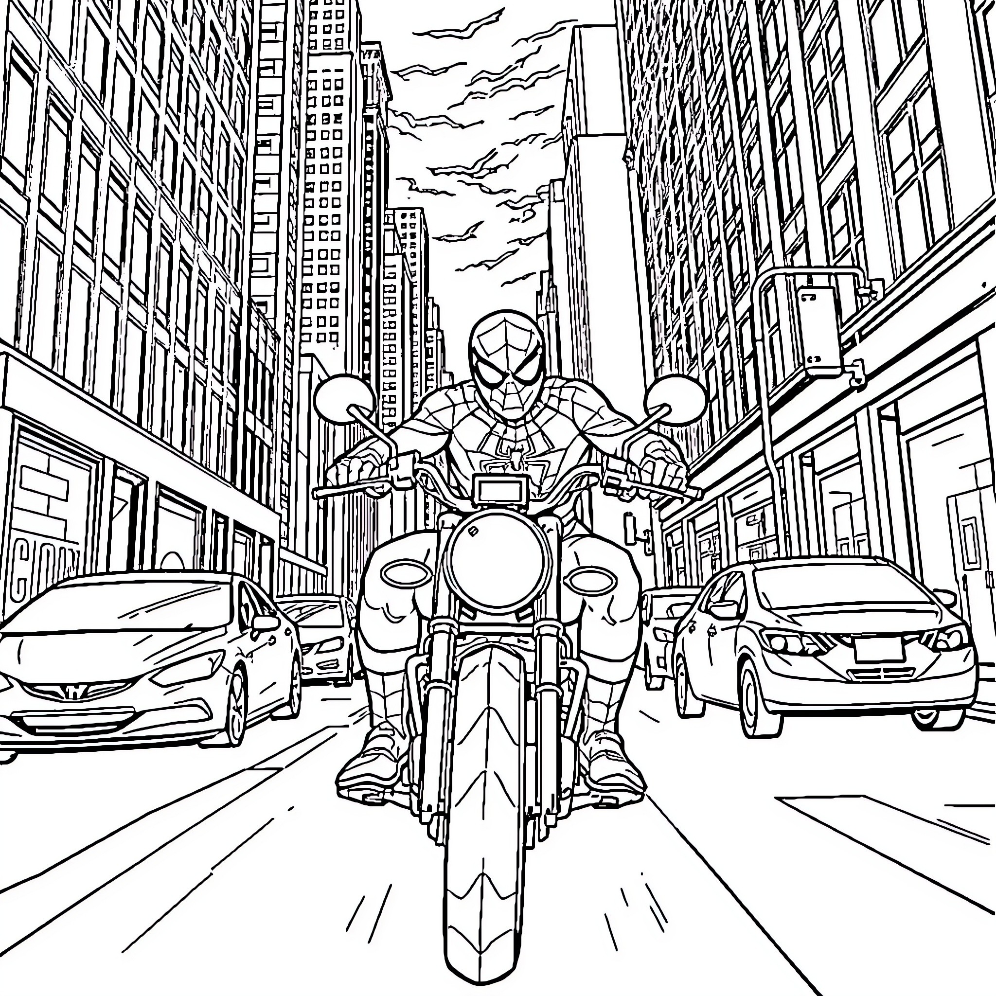 Spiderman Speeding Through the City on His Motorcycle Coloring Page (free black-and-white line drawing printable PDF for all, from beginners to advanced learners, including children, teens, adults, and seniors)
