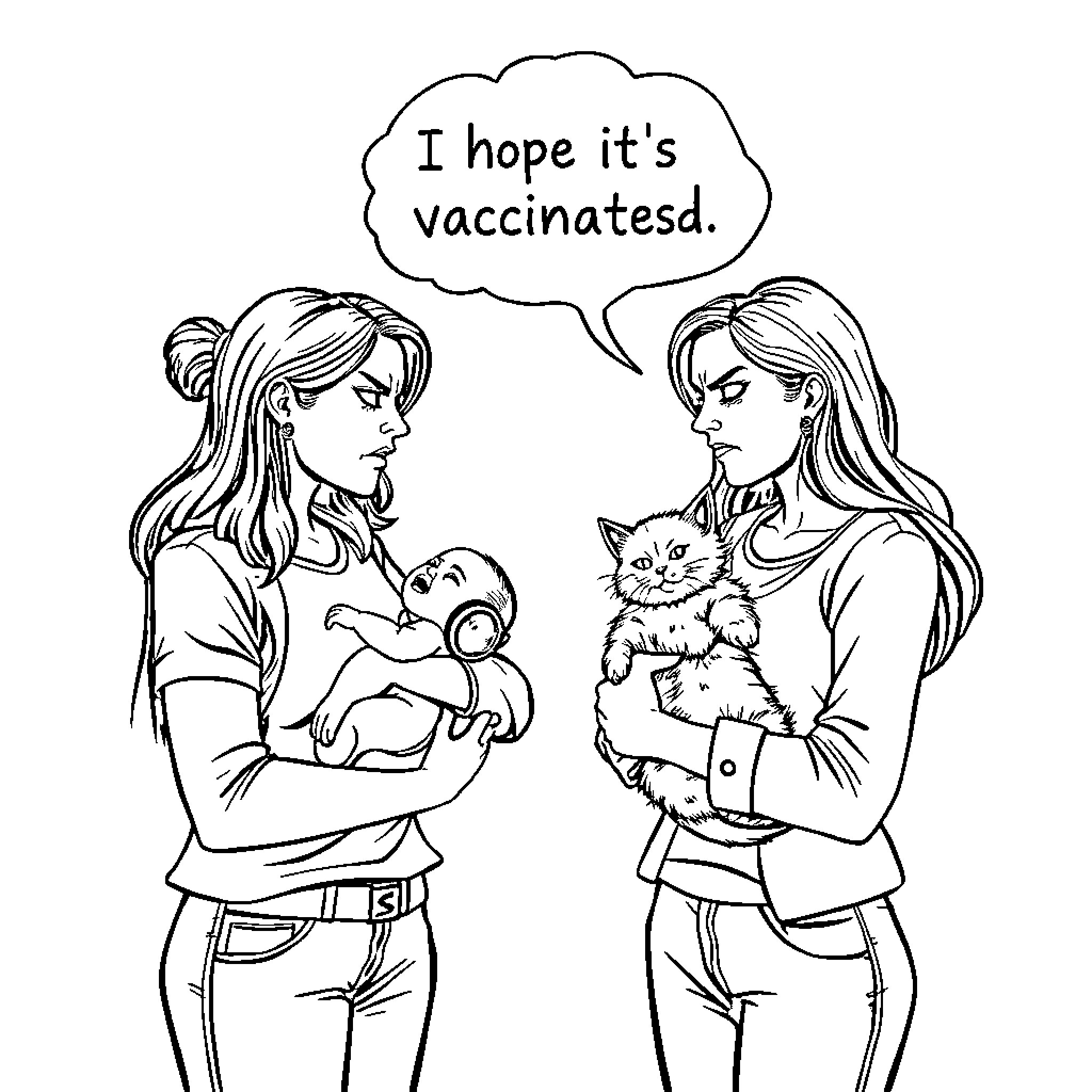 Women discussing vaccination concerns for their pets Coloring Page (free black-and-white line drawing printable PDF for all, from beginners to advanced learners, including children, teens, adults, and seniors)