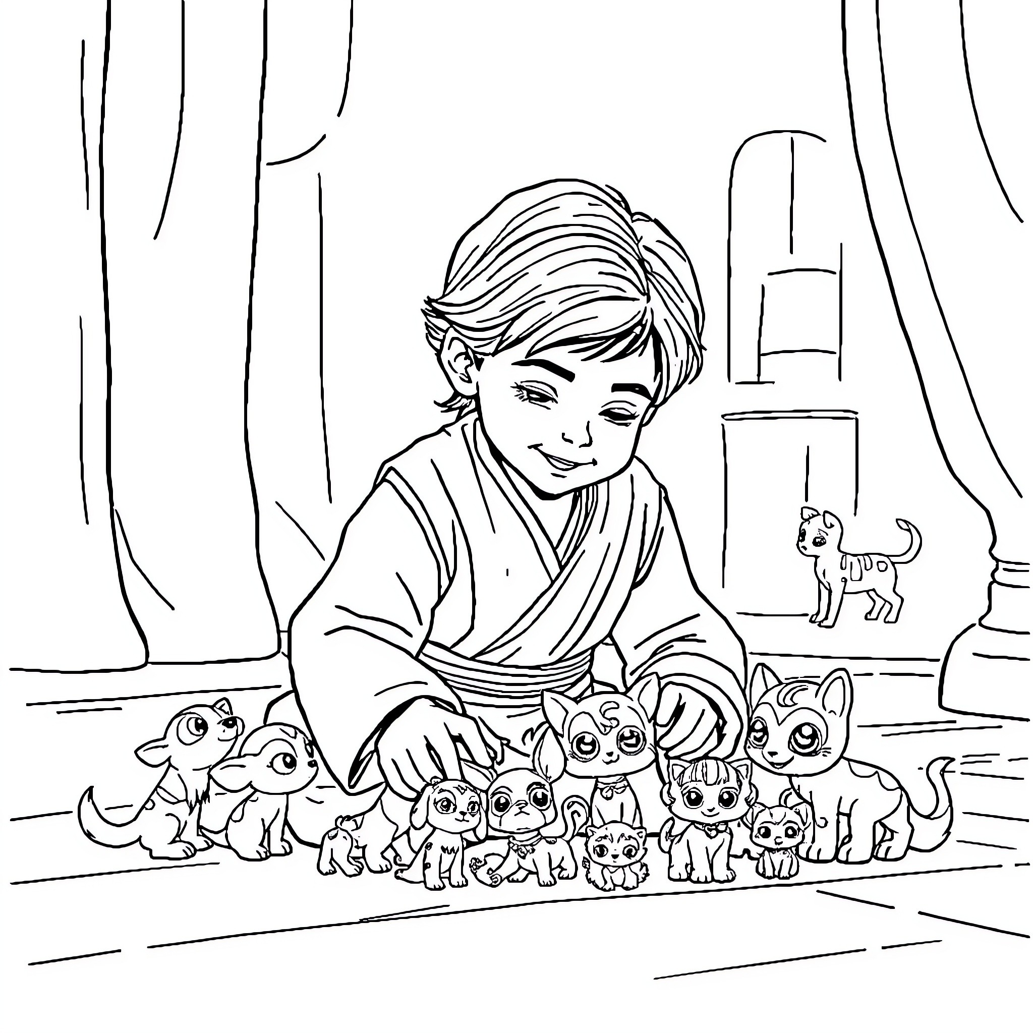 Anakin Skywalker playing with adorable kittens Coloring Page (free black-and-white line drawing printable PDF for all, from beginners to advanced learners, including children, teens, adults, and seniors)