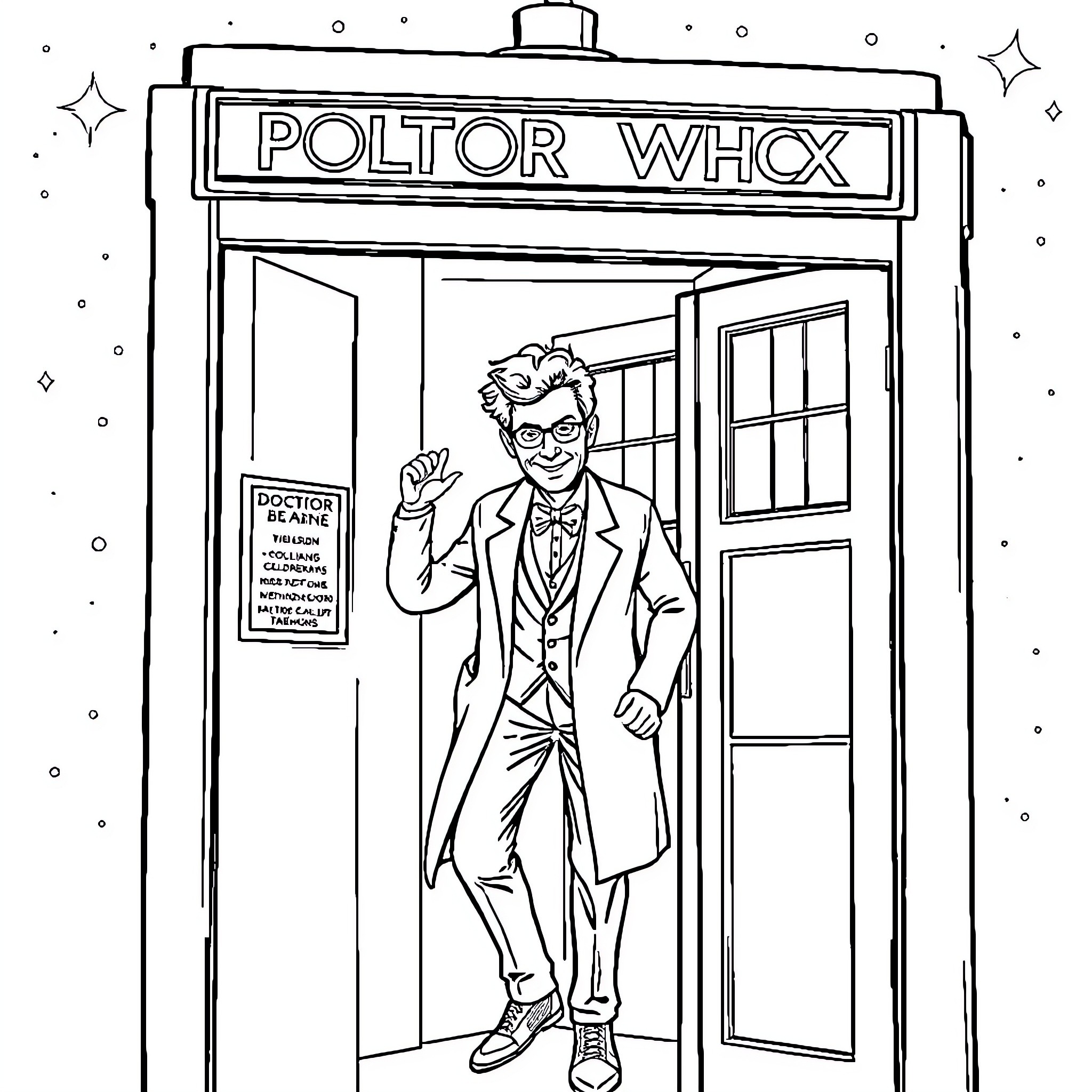 Doctor stepping out from a Police Box Coloring Page (free black-and-white line drawing printable PDF for all, from beginners to advanced learners, including children, teens, adults, and seniors)