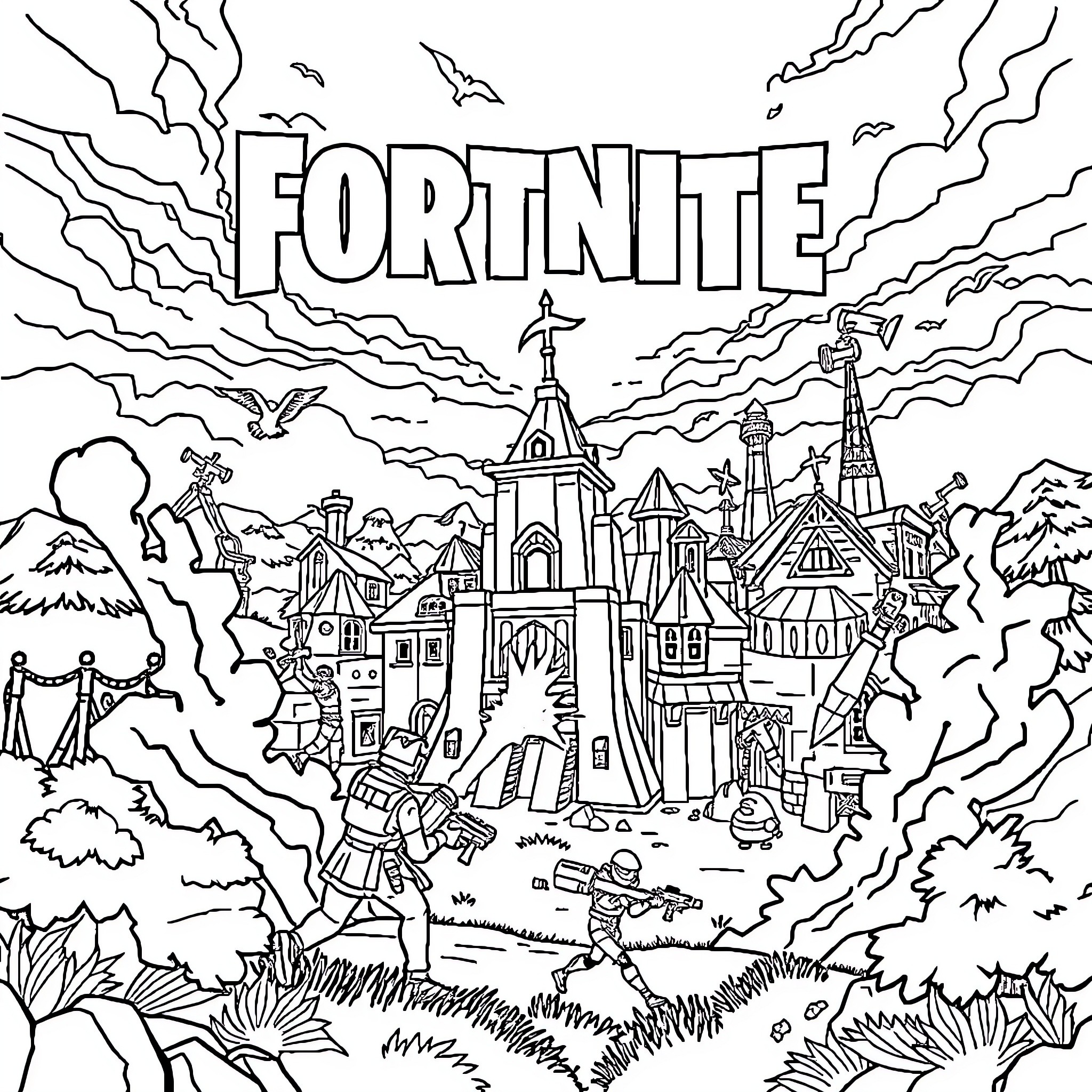 Fortnite fantasy landscape with buildings and characters Coloring Page (free black-and-white line drawing printable PDF for all, from beginners to advanced learners, including children, teens, adults, and seniors)