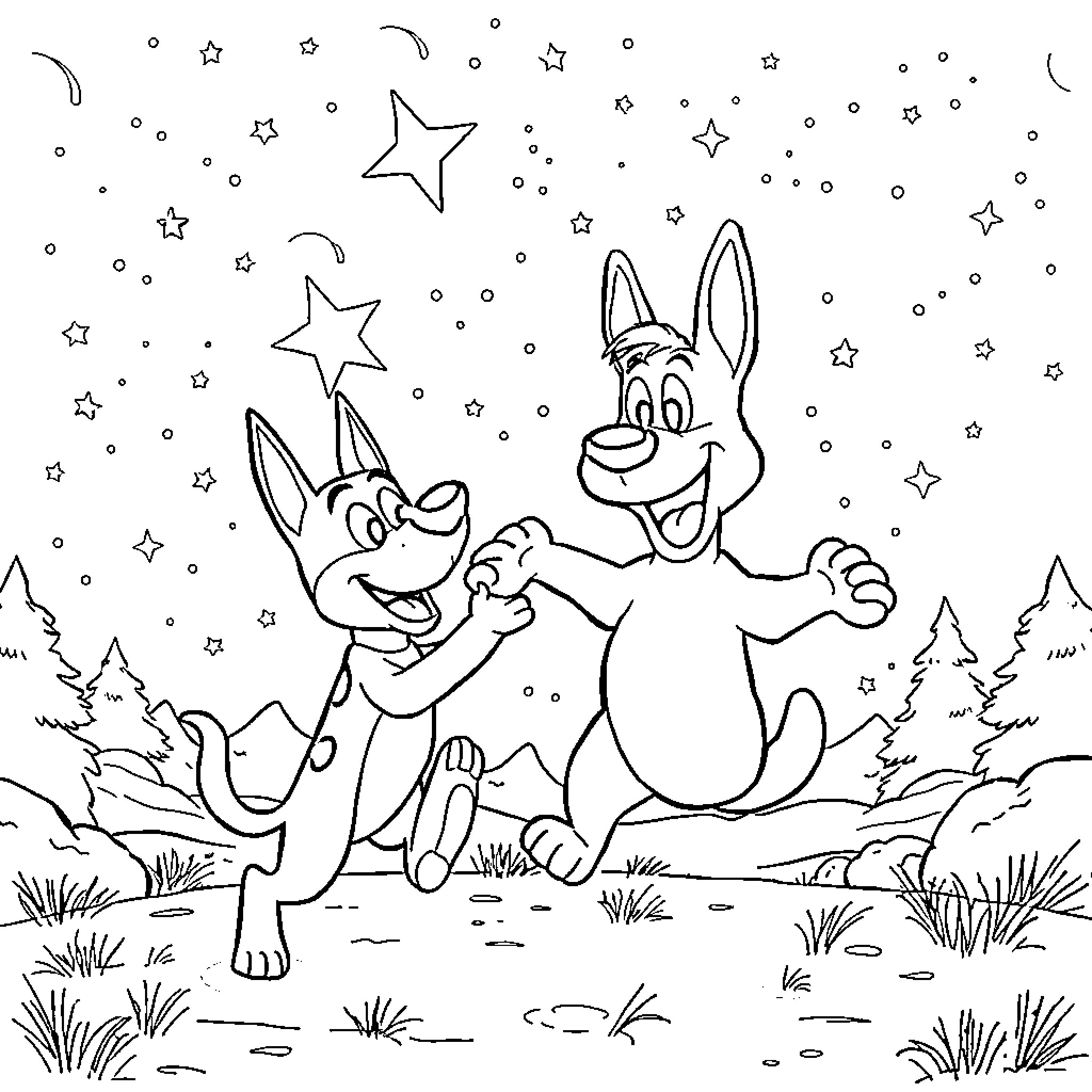 Marvin the Bunny's Starry Night Adventure Coloring Page (free black-and-white line drawing printable PDF for all, from beginners to advanced learners, including children, teens, adults, and seniors)