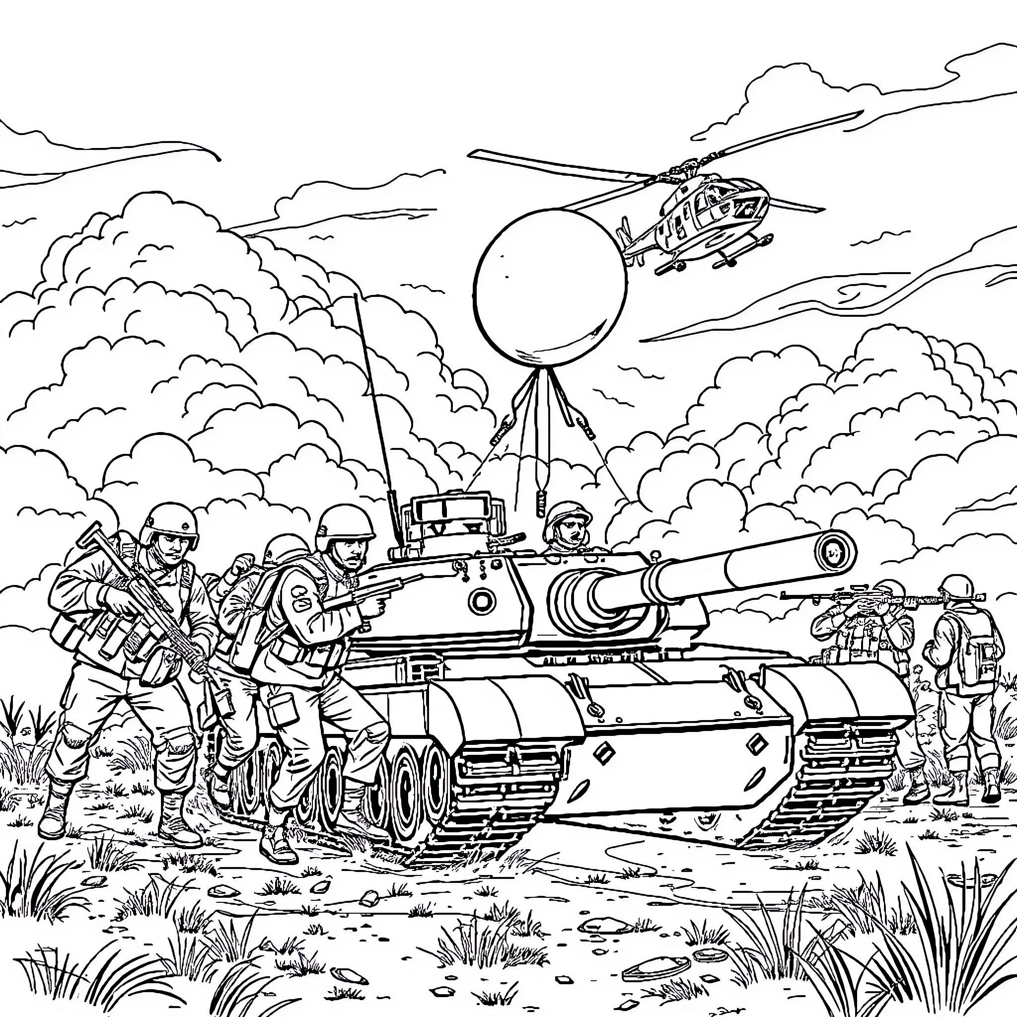Soldier military operation with tank and helicopter Coloring Page (free black-and-white line drawing printable PDF for all, from beginners to advanced learners, including children, teens, adults, and seniors)