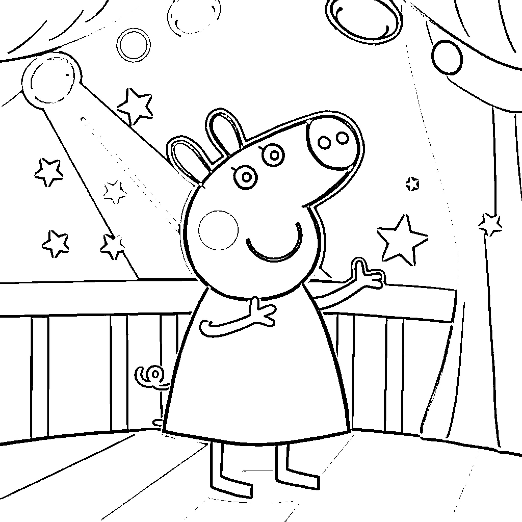 Peppa Pig playing with stars and shapes Coloring Page (free black-and-white line drawing printable PDF for all, from beginners to advanced learners, including children, teens, adults, and seniors)