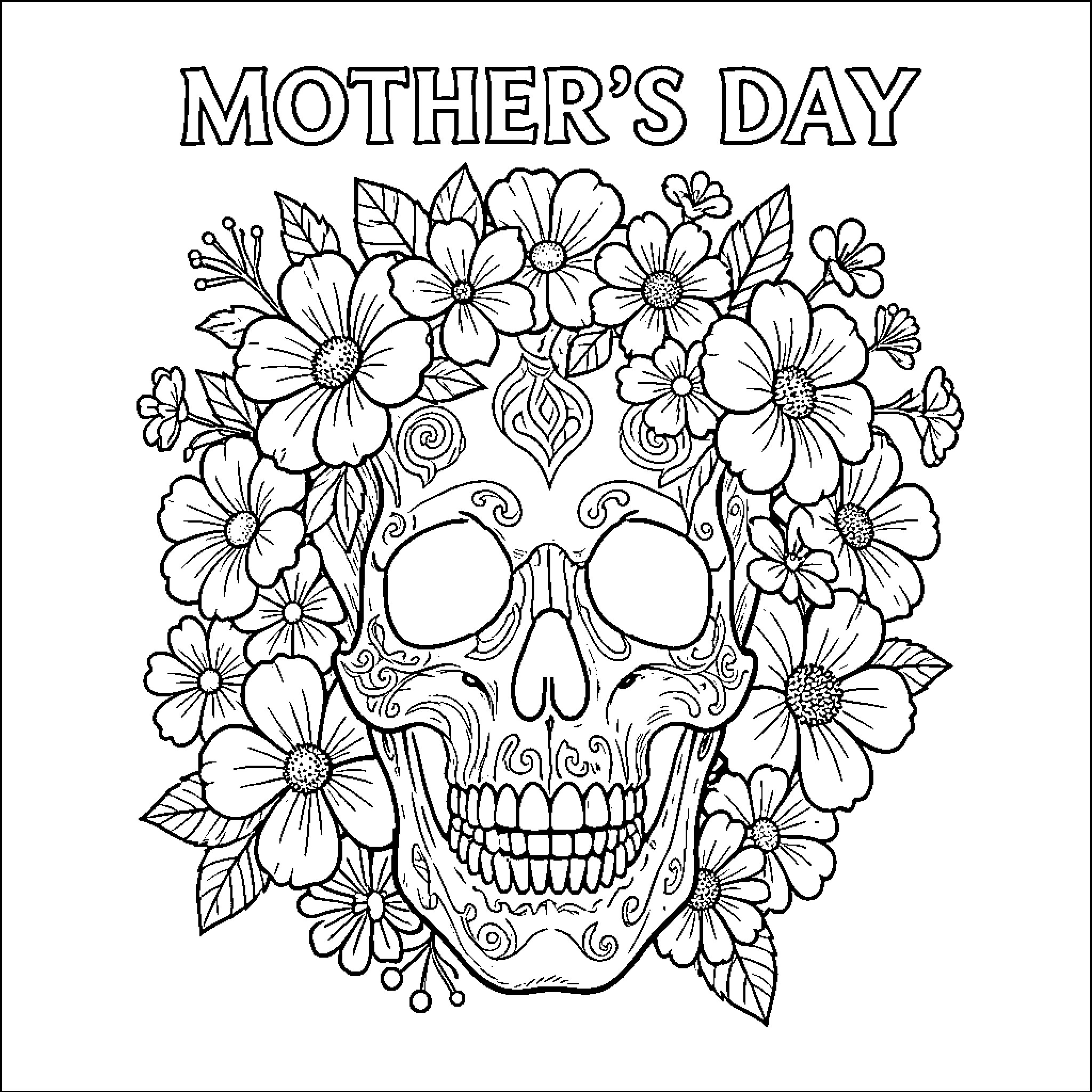 Skull adorned with Mother's Day flowers Coloring Page (free black-and-white line drawing printable PDF for all, from beginners to advanced learners, including children, teens, adults, and seniors)