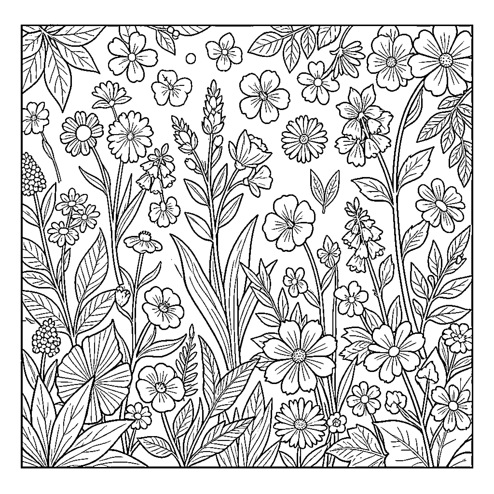 Vegetal Floral Garden with Blooming Flowers Coloring Page (free black-and-white line drawing printable PDF for all, from beginners to advanced learners, including children, teens, adults, and seniors)