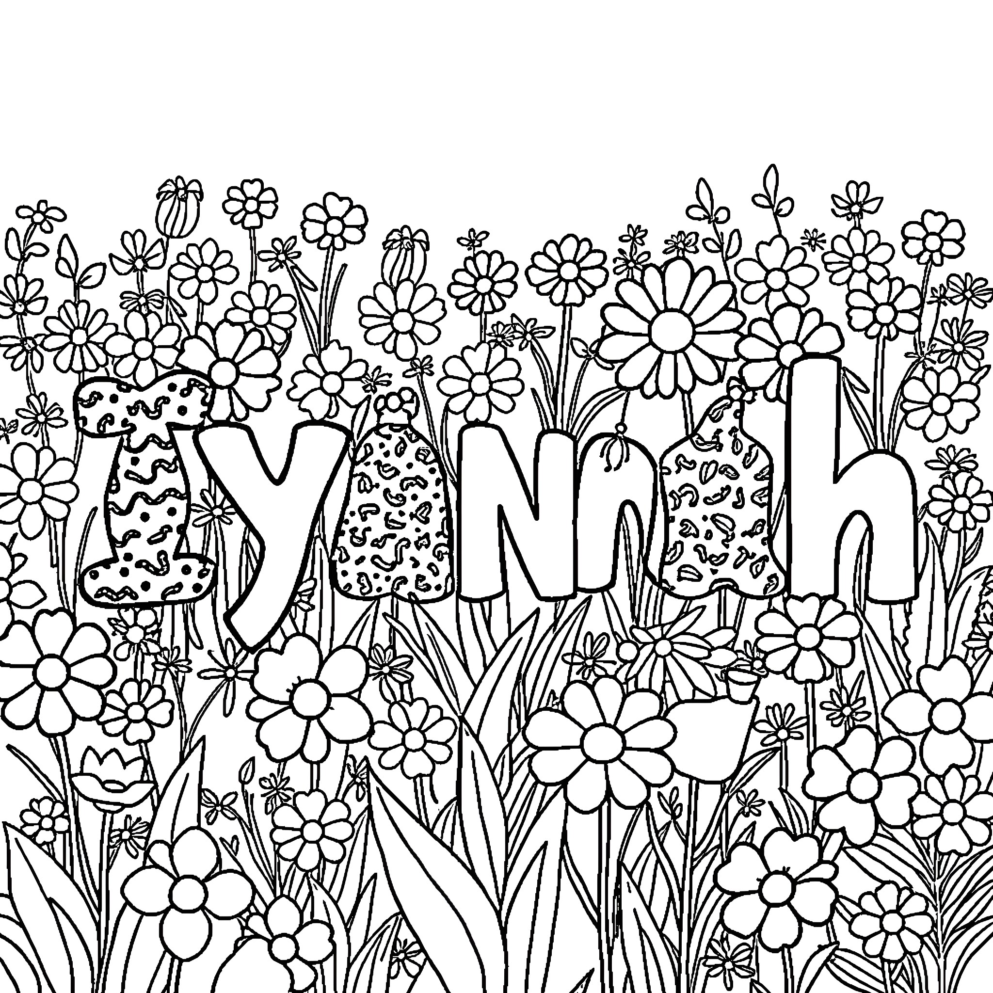 Garden filled with whimsical floral patterns Coloring Page (free black-and-white line drawing printable PDF for all, from beginners to advanced learners, including children, teens, adults, and seniors)