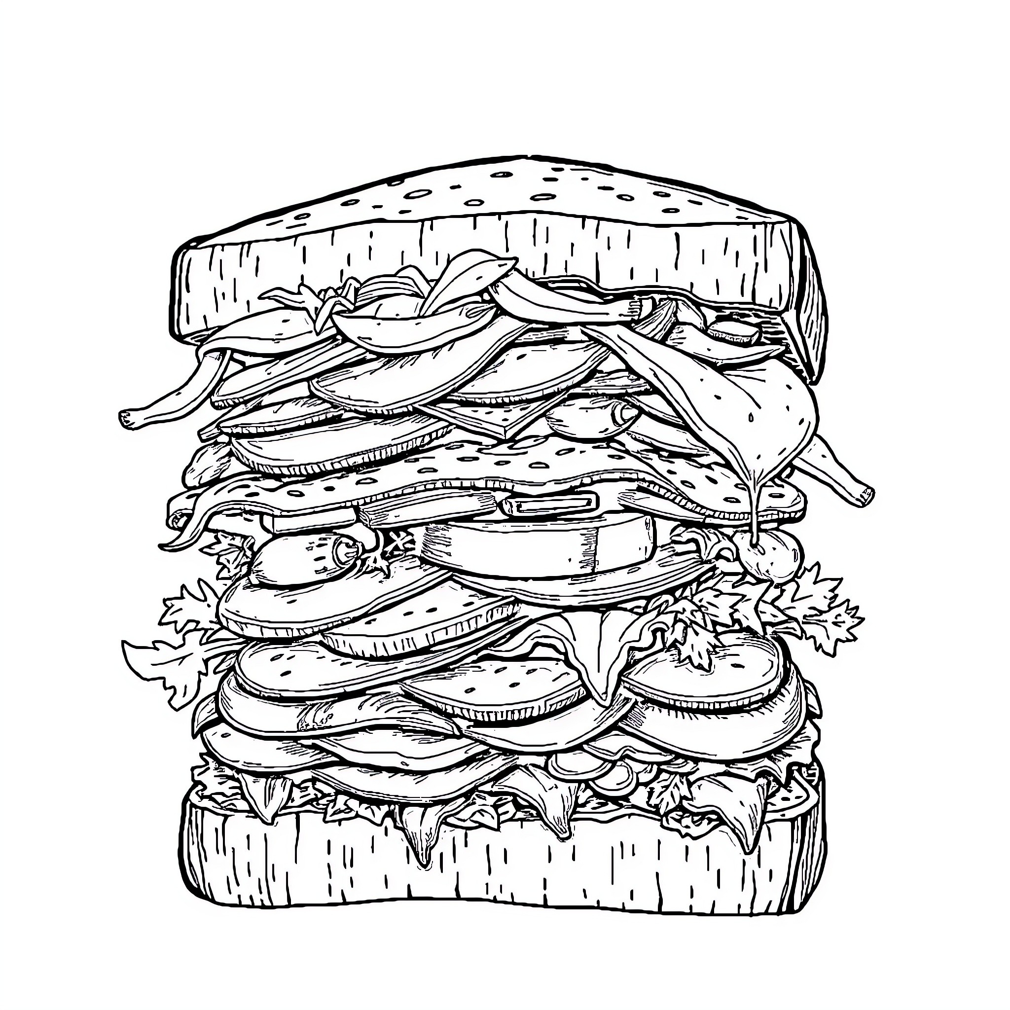 Sandwich with Layered Ingredients Coloring Page (free black-and-white line drawing printable PDF for all, from beginners to advanced learners, including children, teens, adults, and seniors)