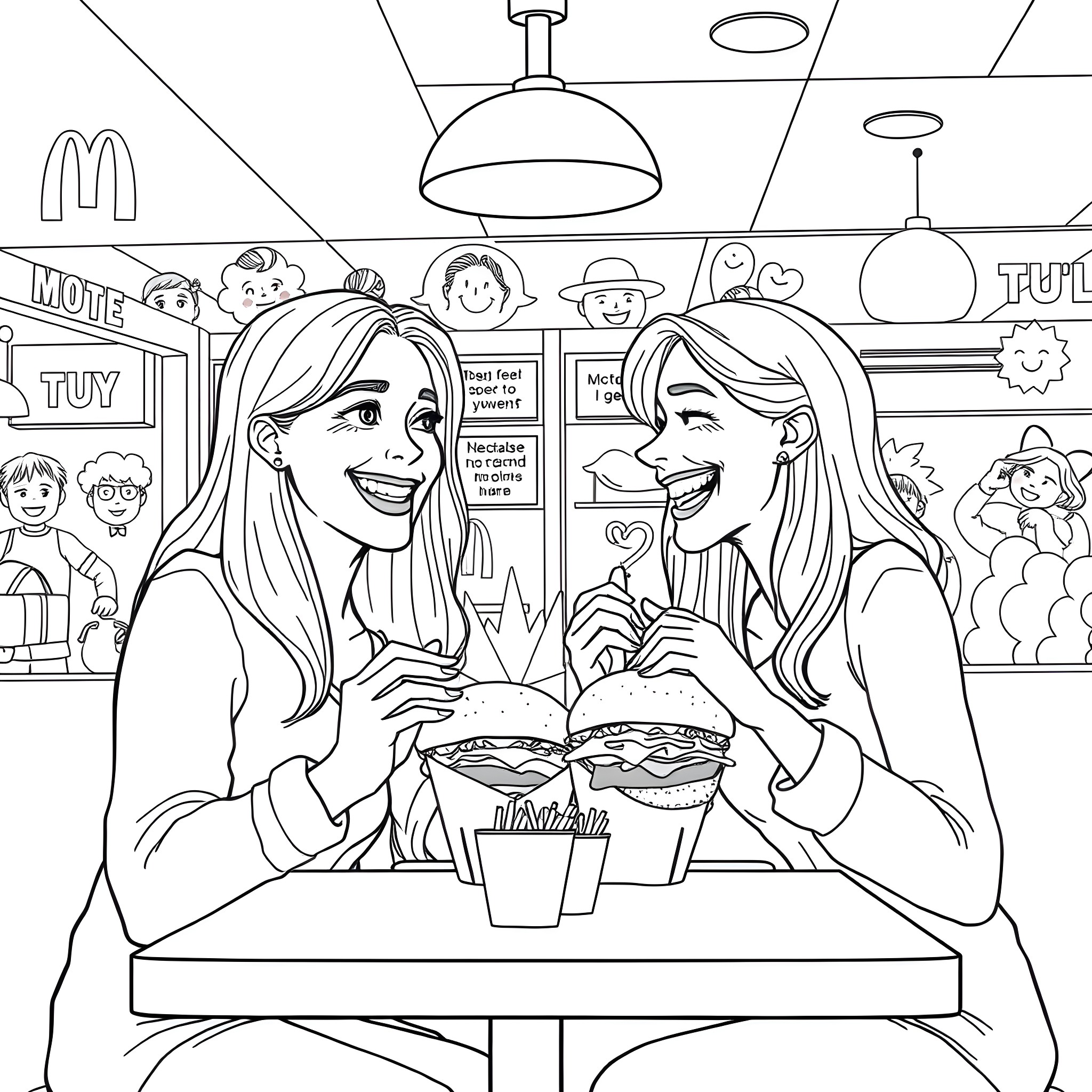 Couple enjoying food together in a fast-food restaurant Coloring Page (free black-and-white line drawing printable PDF for all, from beginners to advanced learners, including children, teens, adults, and seniors)