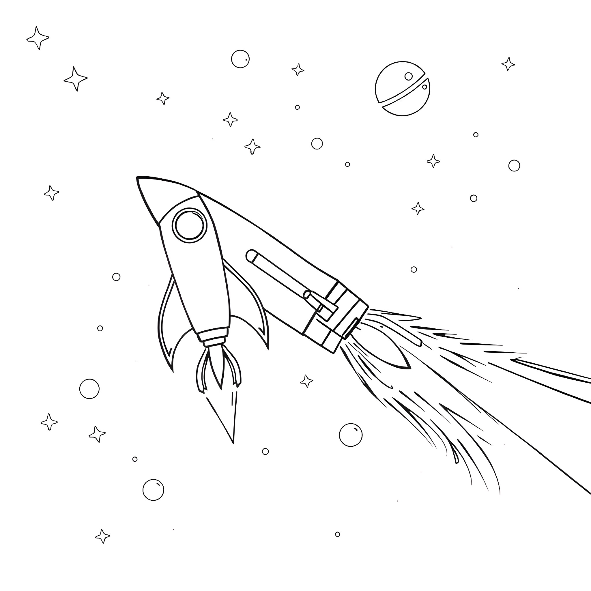 Rocket soaring through the cosmic void Coloring Page (free black-and-white line drawing printable PDF for all, from beginners to advanced learners, including children, teens, adults, and seniors)
