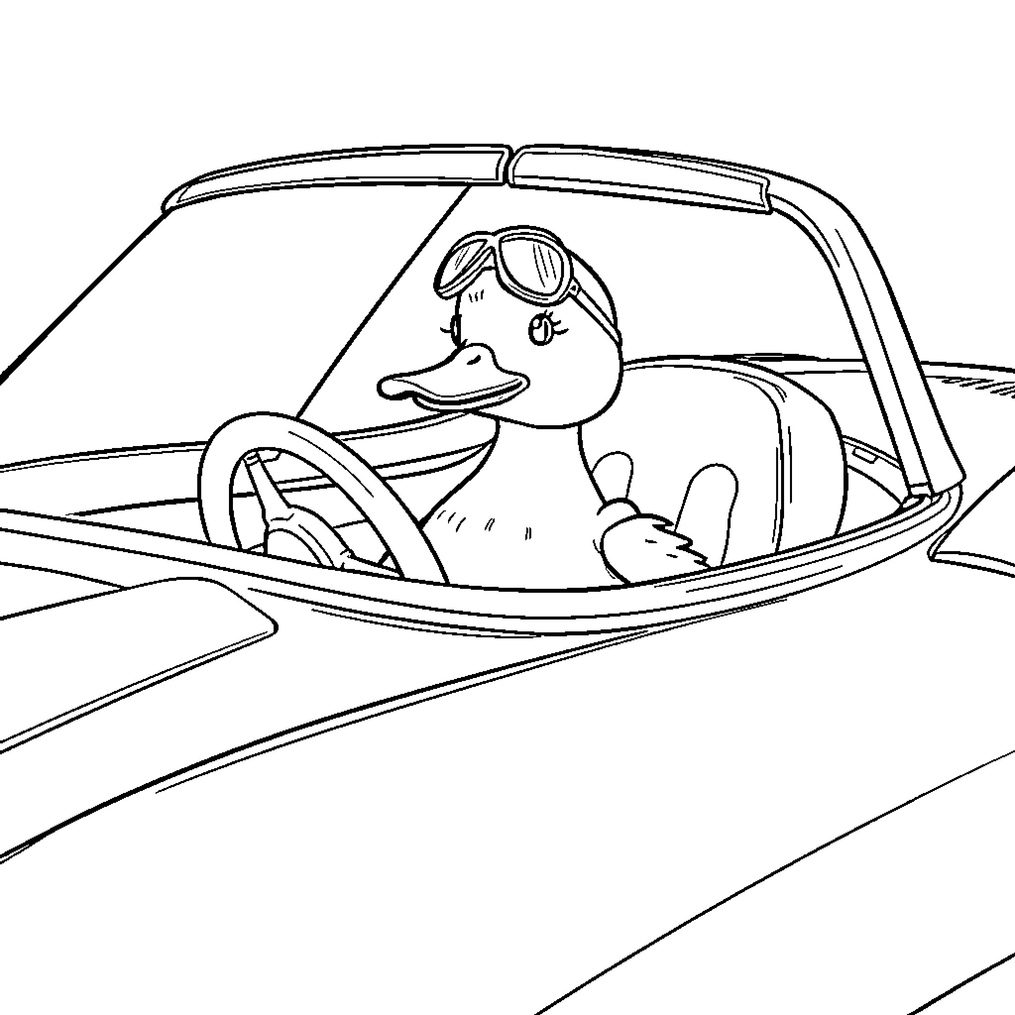Duck driving a convertible car Coloring Page (free black-and-white line drawing printable PDF for all, from beginners to advanced learners, including children, teens, adults, and seniors)