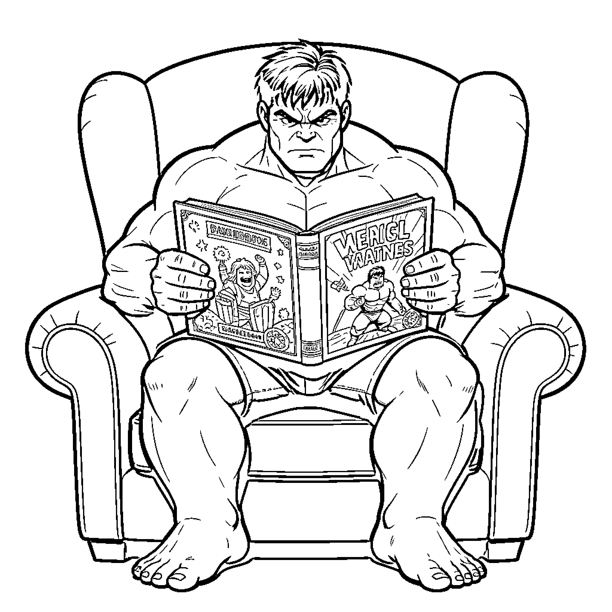 Hulk reading a comic book in an armchair Coloring Page (free black-and-white line drawing printable PDF for all, from beginners to advanced learners, including children, teens, adults, and seniors)