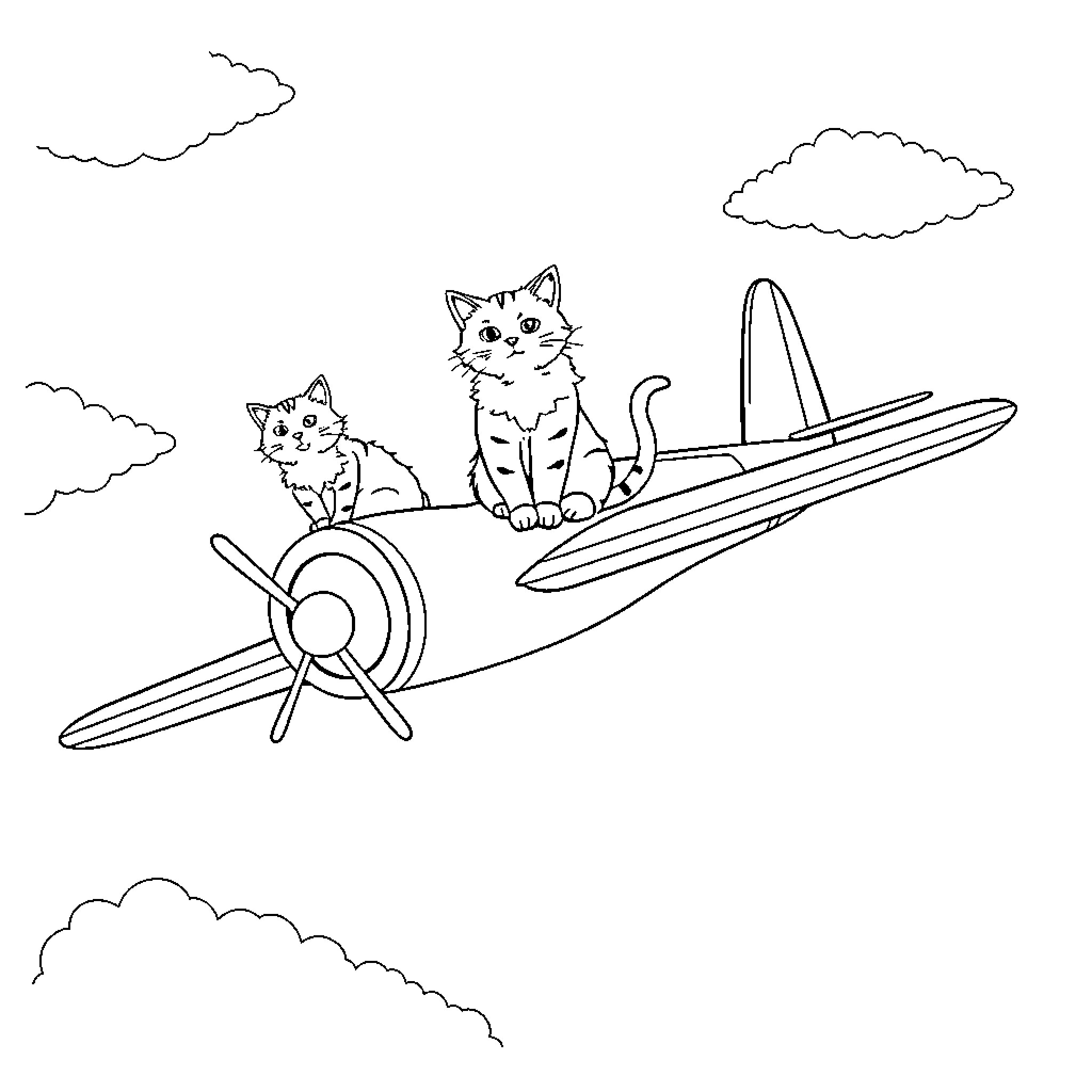 Airplane Carrying Curious Kittens in the Sky Coloring Page (free black-and-white line drawing printable PDF for all, from beginners to advanced learners, including children, teens, adults, and seniors)