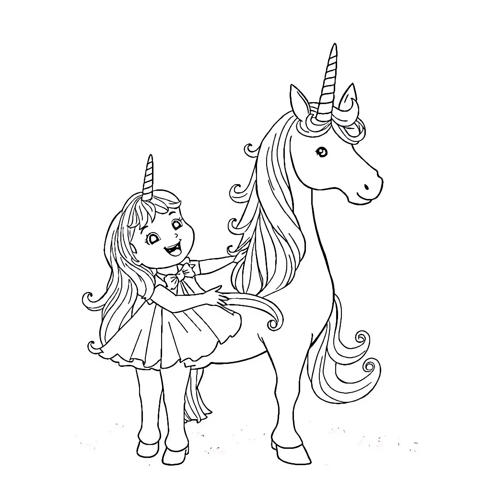 Girl in dress hugging unicorn Coloring Page (free black-and-white line drawing printable PDF for all, from beginners to advanced learners, including children, teens, adults, and seniors)