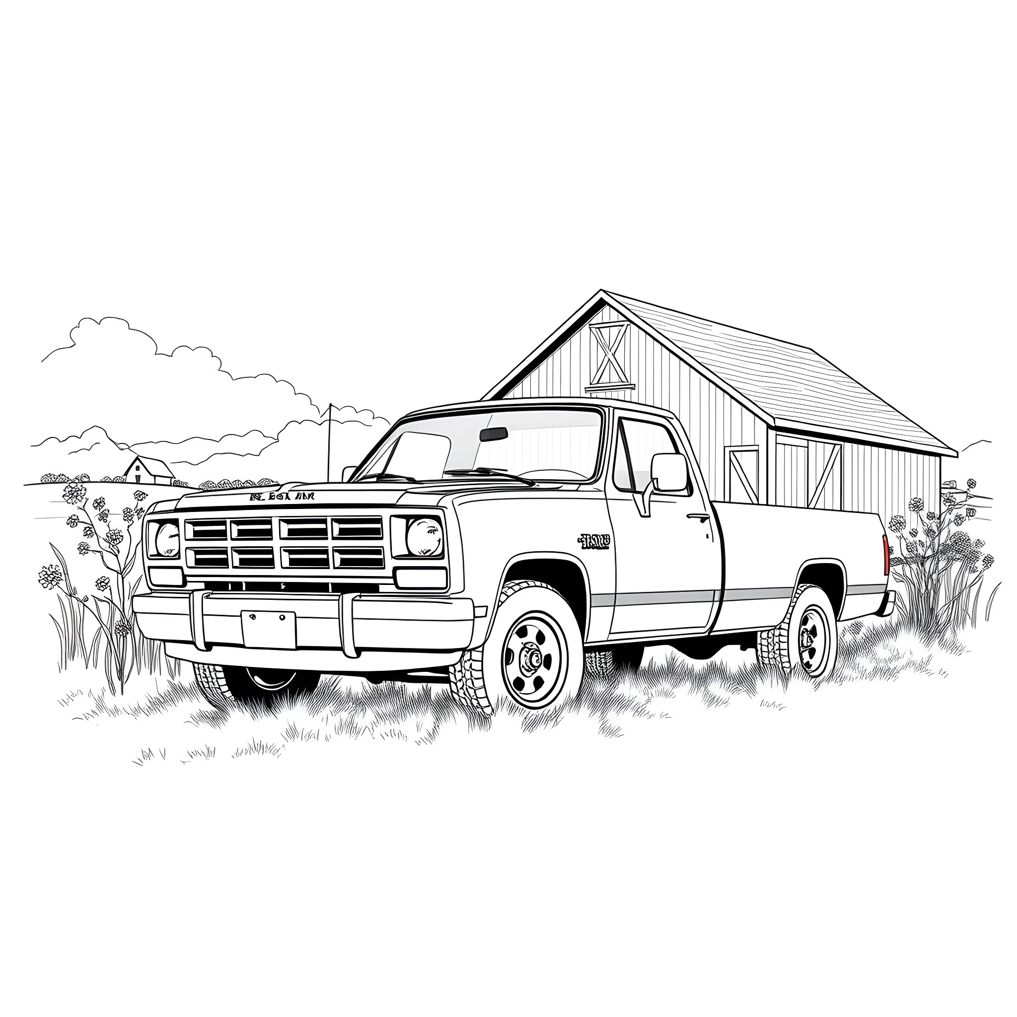 Ram truck parked near a rustic barn Coloring Page (free black-and-white line drawing printable PDF for all, from beginners to advanced learners, including children, teens, adults, and seniors)