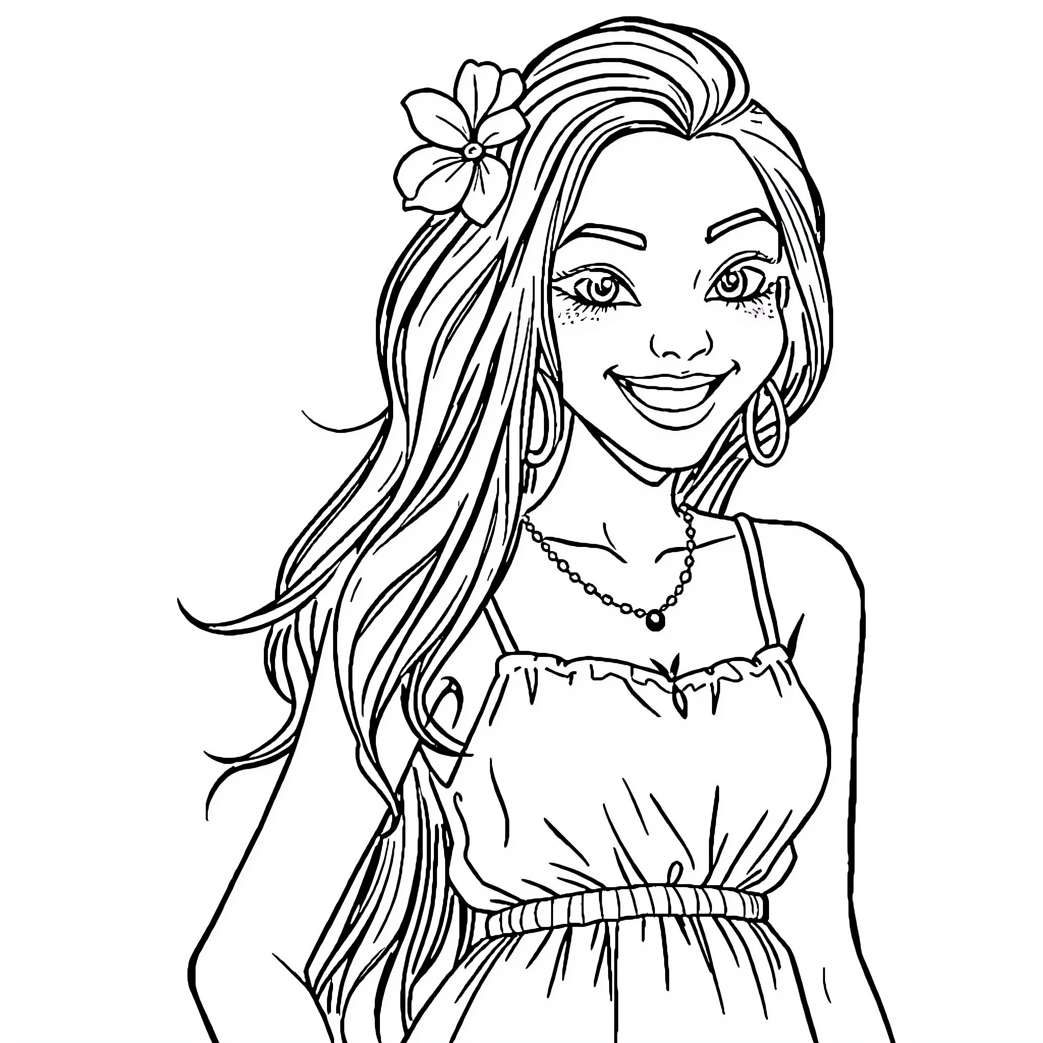 Girl with Floral Headpiece and Flowing Dress Coloring Page (free black-and-white line drawing printable PDF for all, from beginners to advanced learners, including children, teens, adults, and seniors)