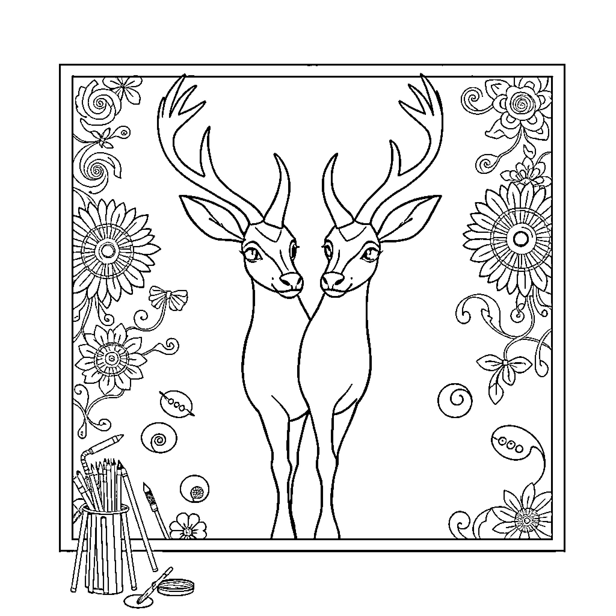 Deer standing together with floral decor Coloring Page (free black-and-white line drawing printable PDF for all, from beginners to advanced learners, including children, teens, adults, and seniors)