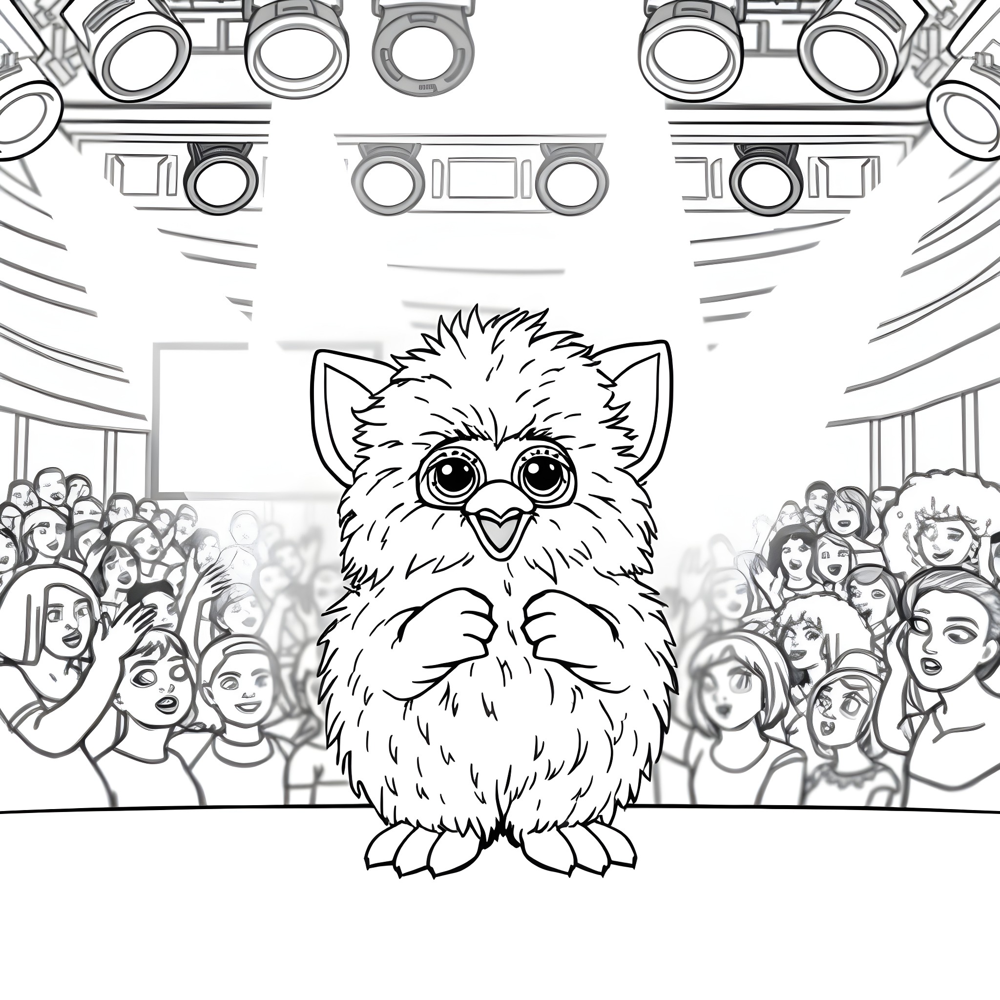 Furby performing on stage before an audience Coloring Page (free black-and-white line drawing printable PDF for all, from beginners to advanced learners, including children, teens, adults, and seniors)