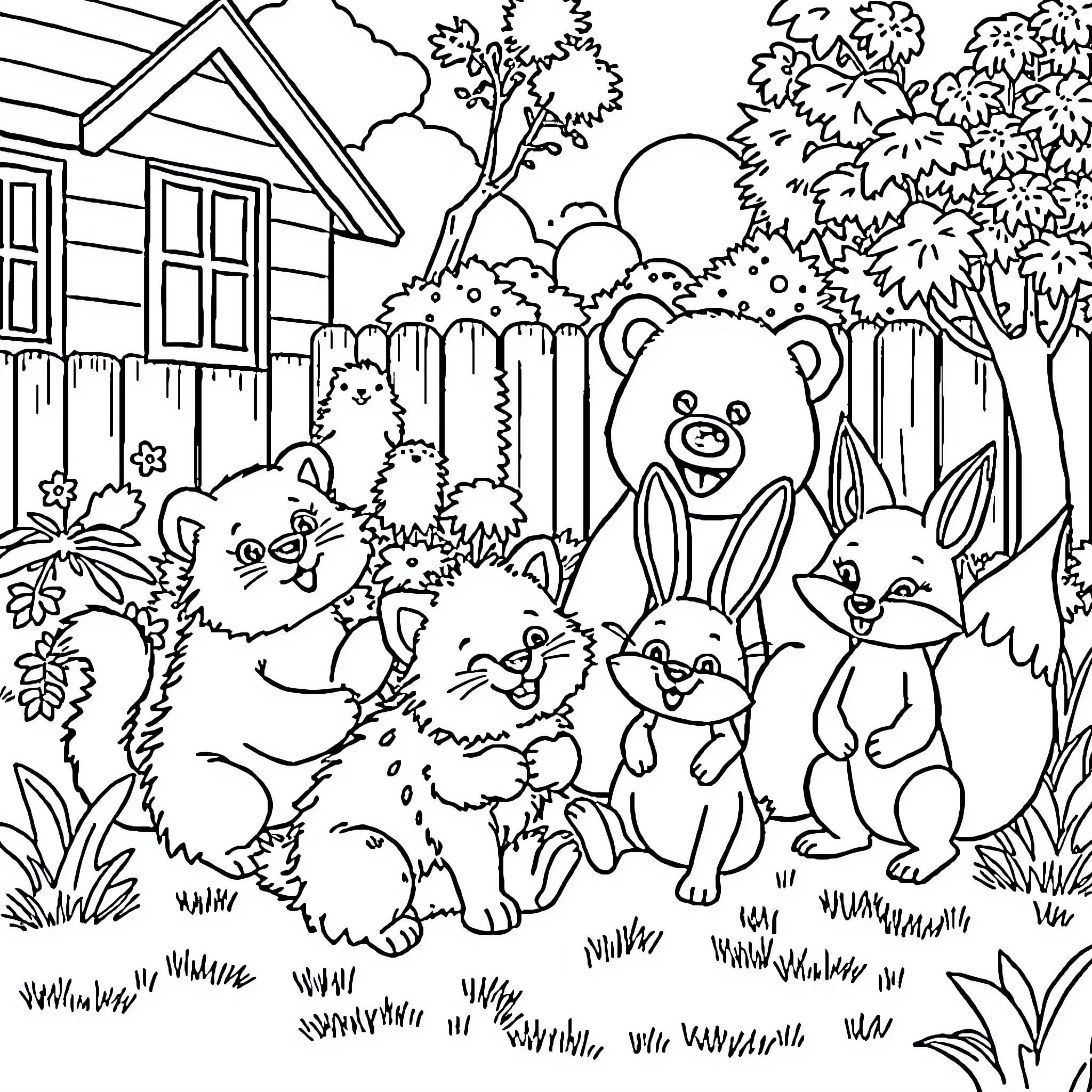 Cat and friends in the backyard Coloring Page (free black-and-white line drawing printable PDF for all, from beginners to advanced learners, including children, teens, adults, and seniors)