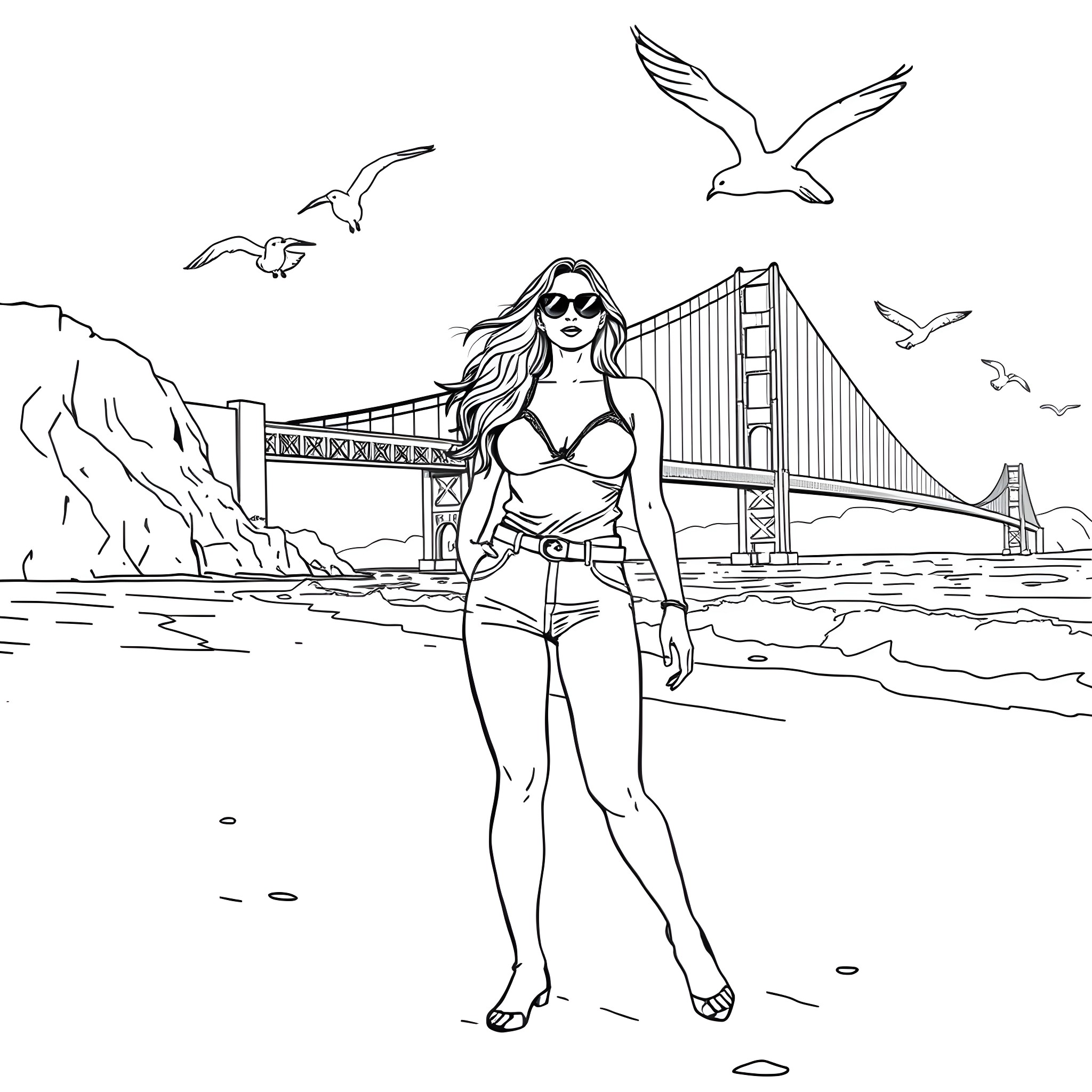 Sabrina Carpenter enjoying the beach scenery Coloring Page (free black-and-white line drawing printable PDF for all, from beginners to advanced learners, including children, teens, adults, and seniors)