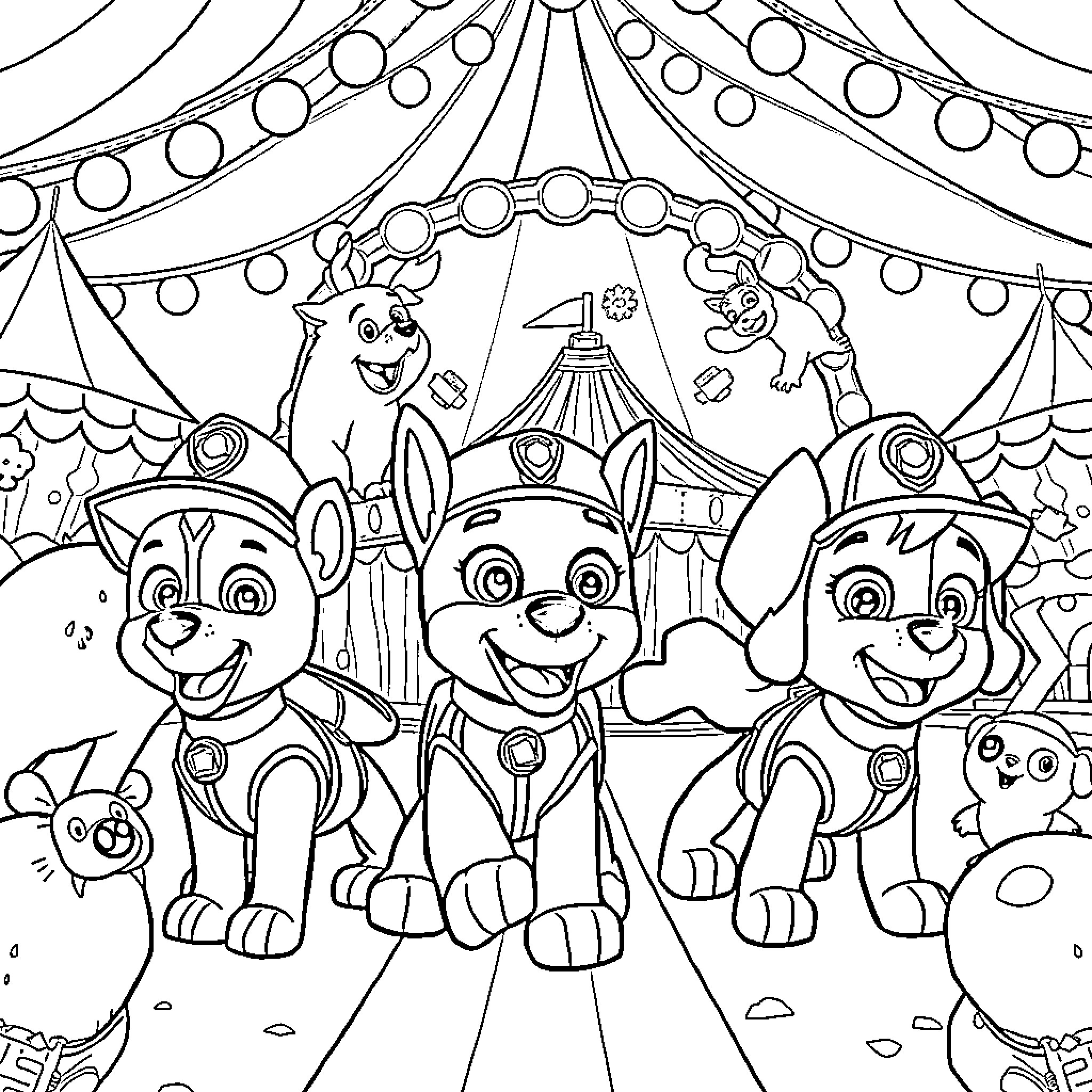 Paw Patrol Characters at the Carnival Celebration Coloring Page (free black-and-white line drawing printable PDF for all, from beginners to advanced learners, including children, teens, adults, and seniors)