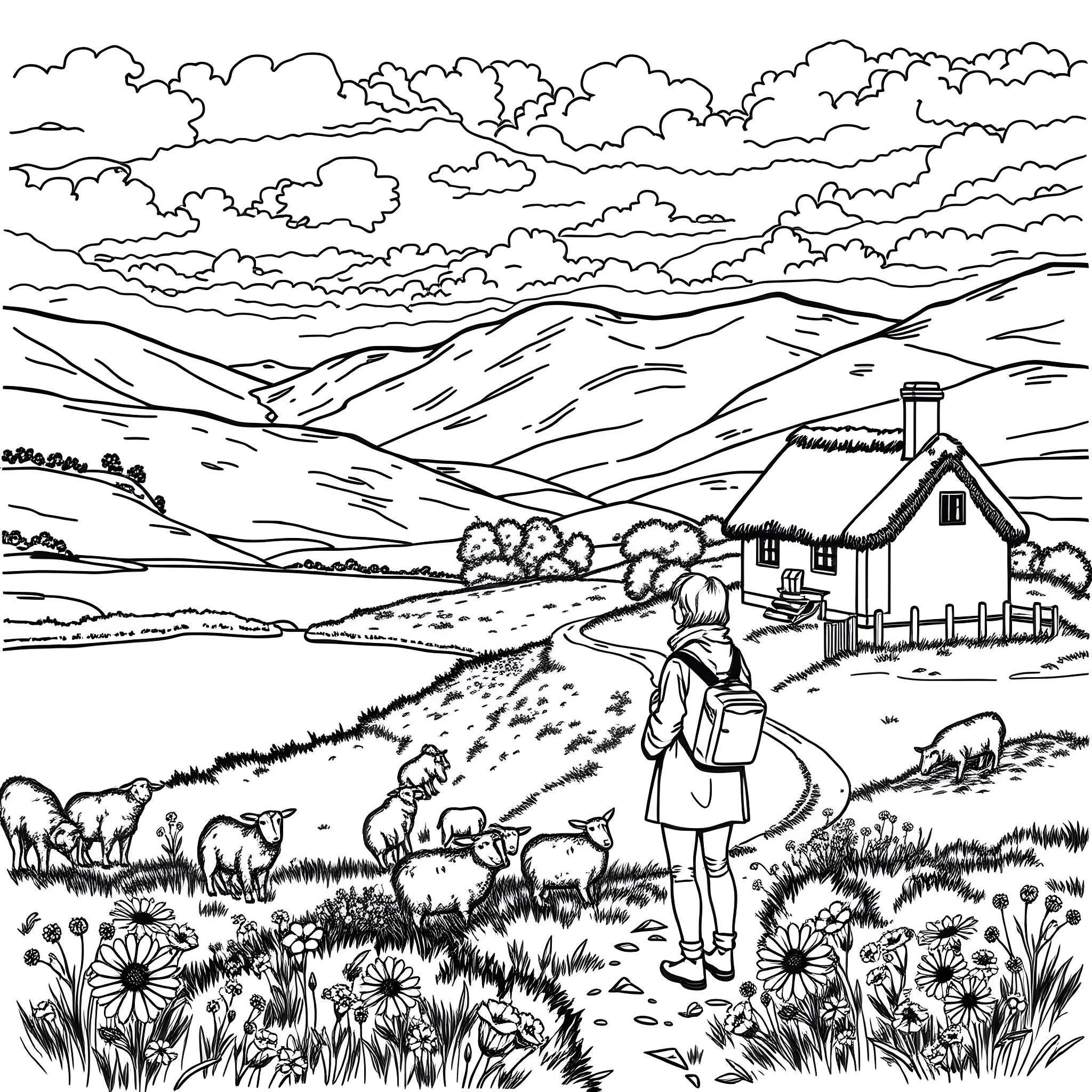 Kim's Countryside Adventure Coloring Page (free black-and-white line drawing printable PDF for all, from beginners to advanced learners, including children, teens, adults, and seniors)