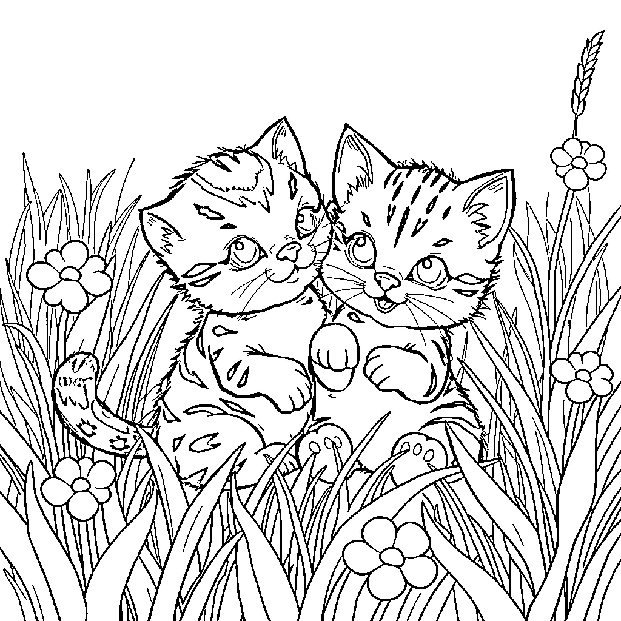 Baby Animal Kittens Playing in Floral Field Coloring Page (free black-and-white line drawing printable PDF for all, from beginners to advanced learners, including children, teens, adults, and seniors)