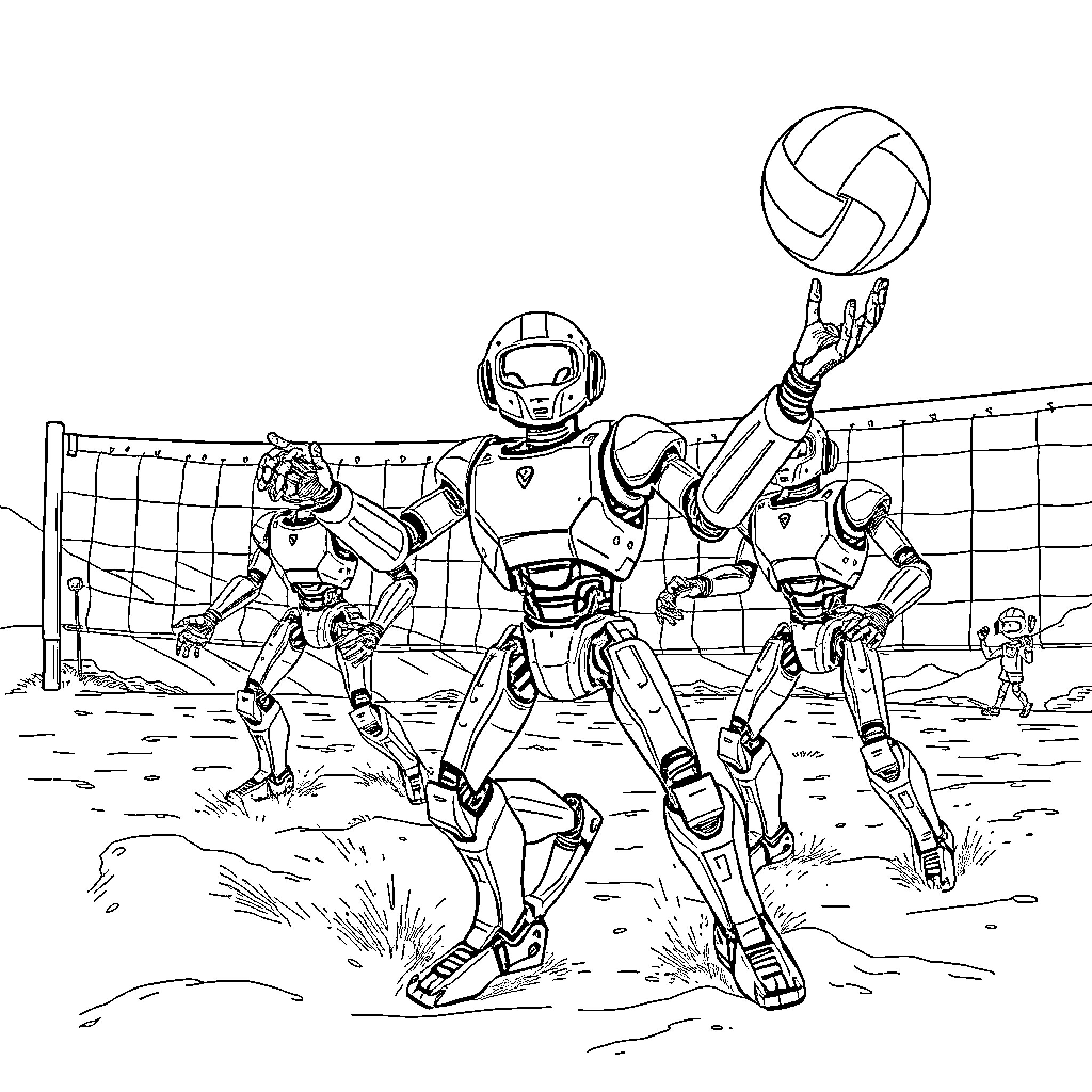 Robot volleyball players in sports match Coloring Page (free black-and-white line drawing printable PDF for all, from beginners to advanced learners, including children, teens, adults, and seniors)