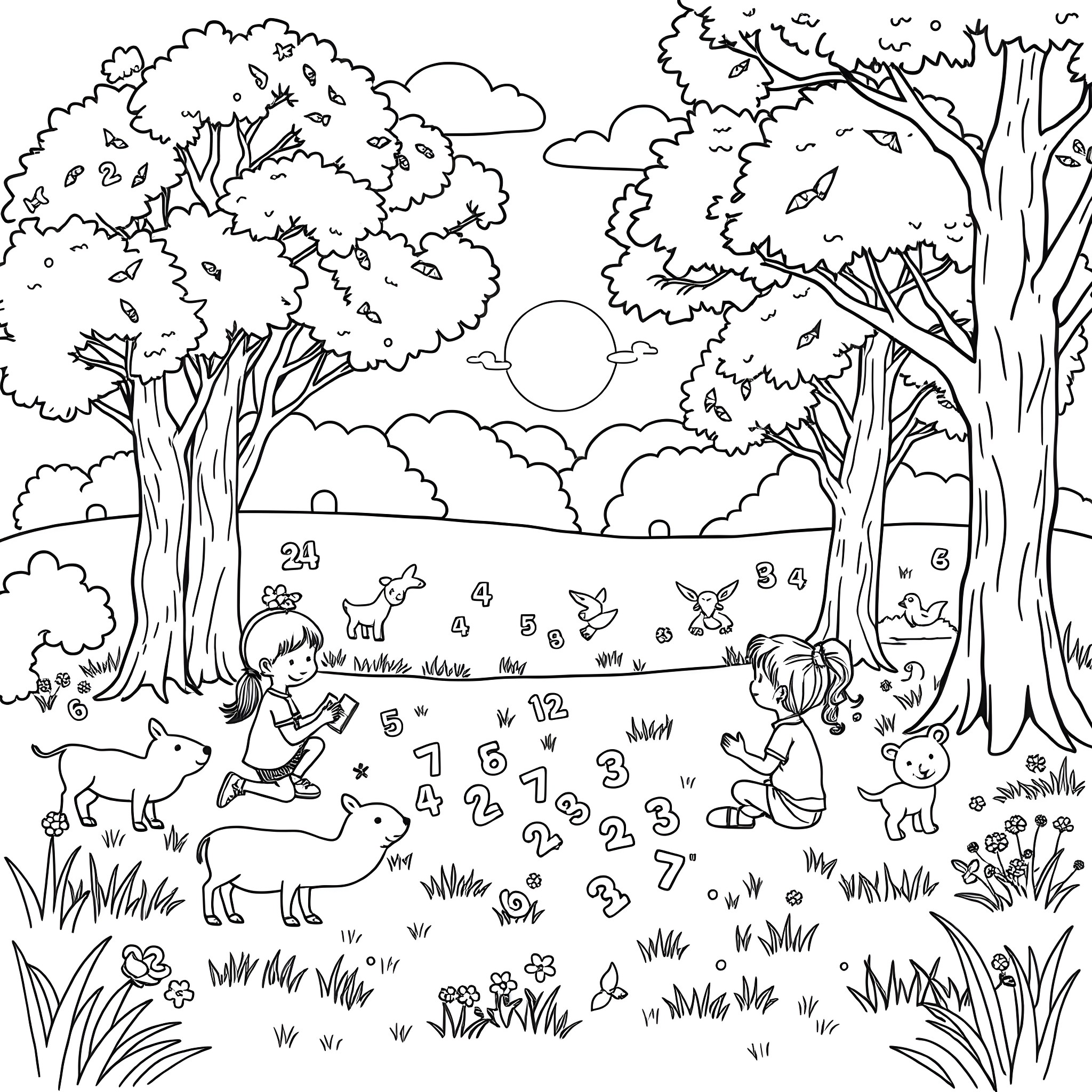 Child playing and counting numbers in the forest Coloring Page (free black-and-white line drawing printable PDF for all, from beginners to advanced learners, including children, teens, adults, and seniors)