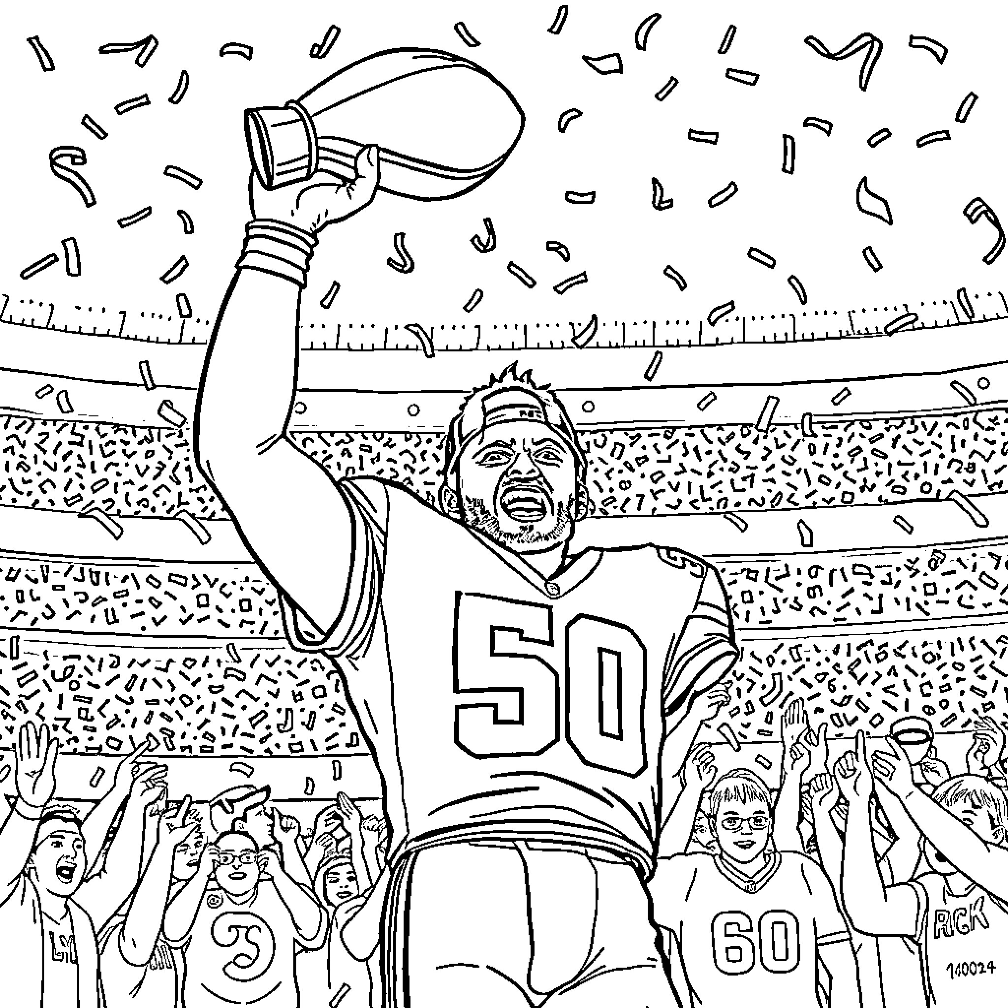 Baker Mayfield Celebrates Victory with Fans in Stadium Coloring Page (free black-and-white line drawing printable PDF for all, from beginners to advanced learners, including children, teens, adults, and seniors)