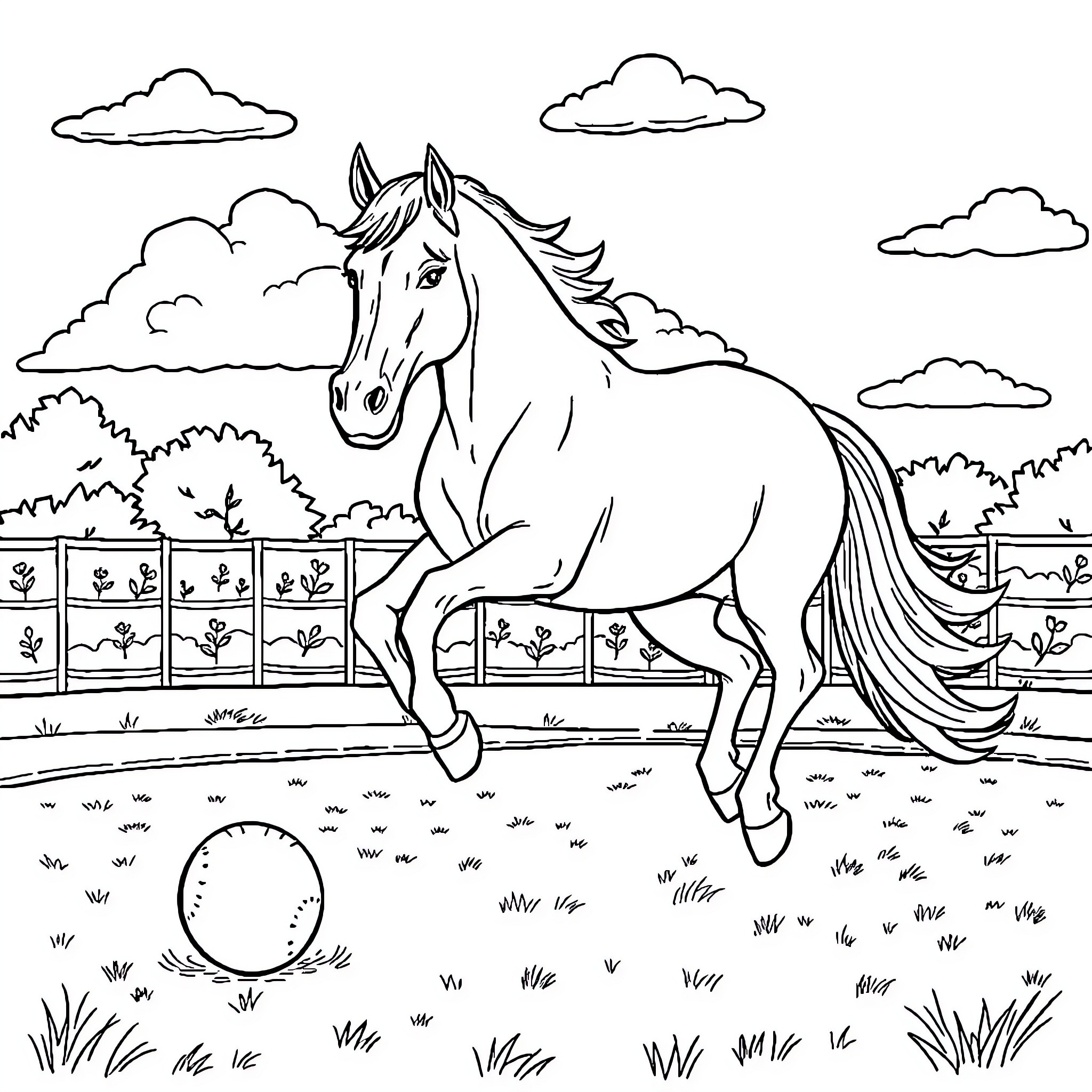 Horse galloping freely in a grassy field Coloring Page (free black-and-white line drawing printable PDF for all, from beginners to advanced learners, including children, teens, adults, and seniors)