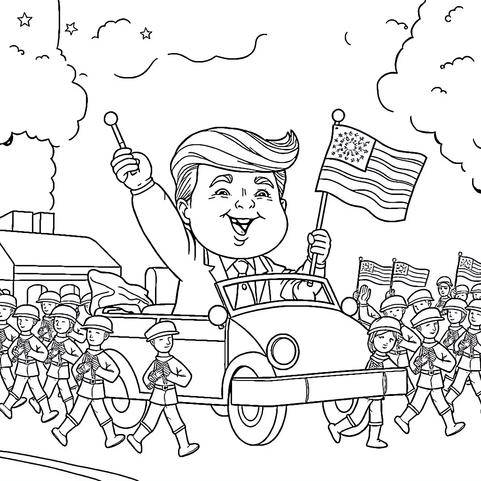 Donald Trump waving American flag in political parade Coloring Page (free black-and-white line drawing printable PDF for all, from beginners to advanced learners, including children, teens, adults, and seniors)