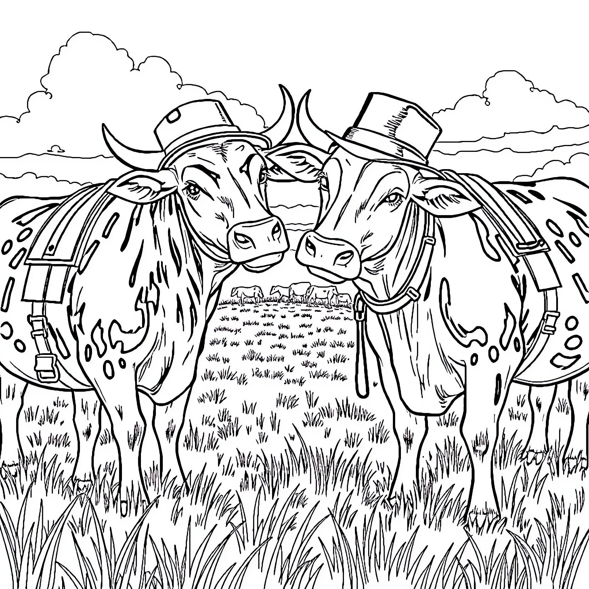 Cow companions in the countryside Coloring Page (free black-and-white line drawing printable PDF for all, from beginners to advanced learners, including children, teens, adults, and seniors)
