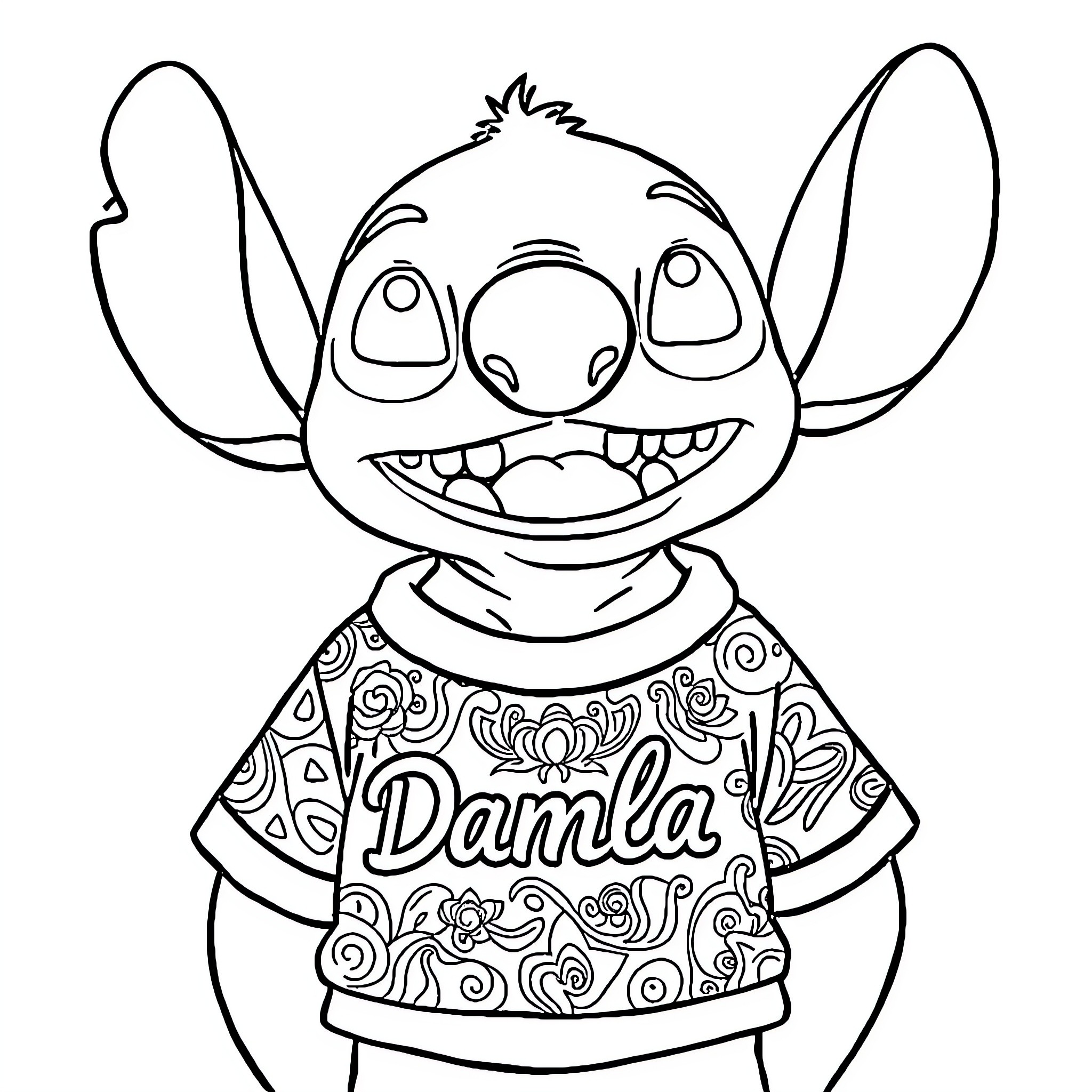 Stitch's Mischievous Expression and Colorful Outfit Coloring Page (free black-and-white line drawing printable PDF for all, from beginners to advanced learners, including children, teens, adults, and seniors)